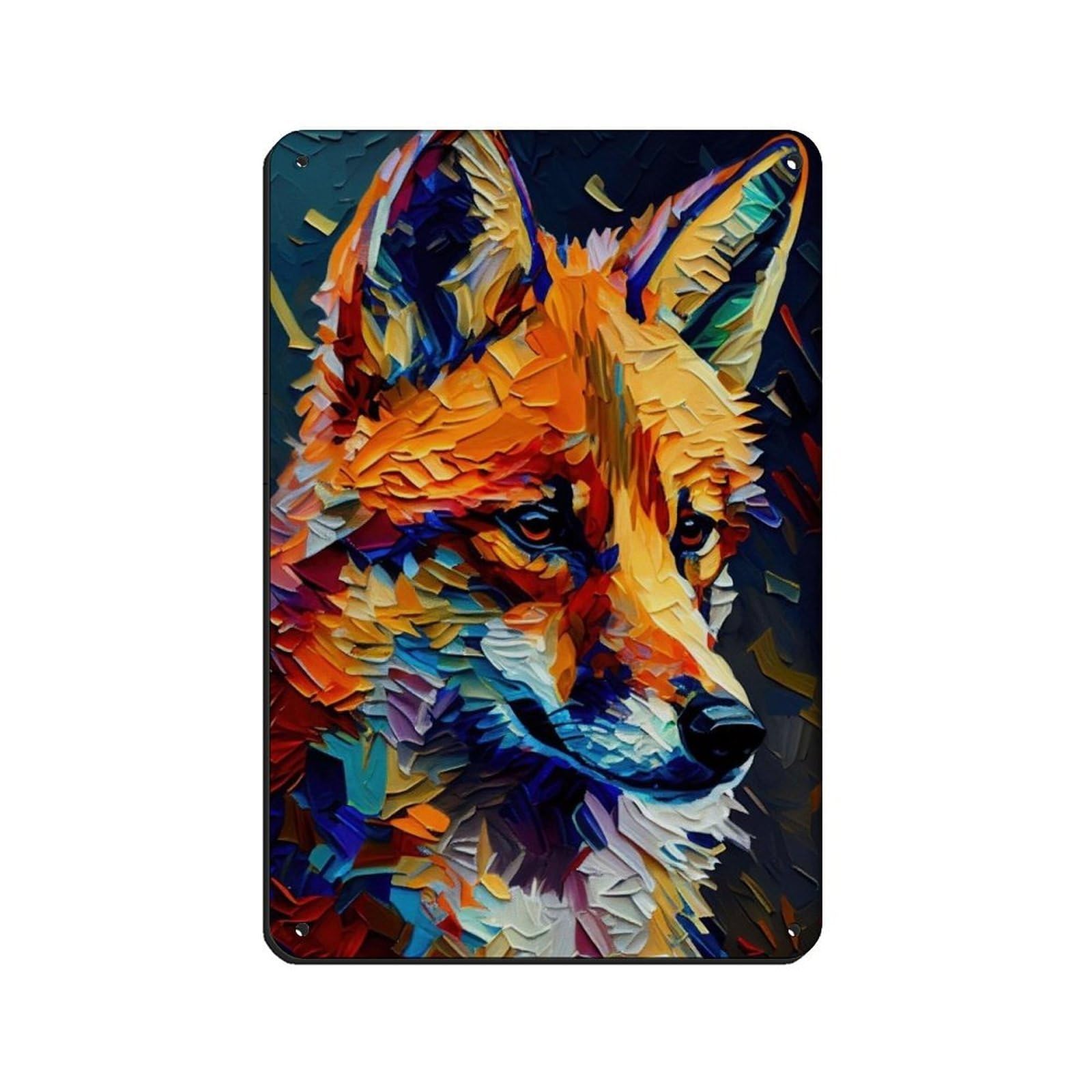 Lxwnze 20L X 30W Cm Fox Oil Painting Poster Tin Sign Vintage Metal Pub Club Cafe Bar Home Wall Art Decoration Poster Retro 8X12inch(20X30cm)