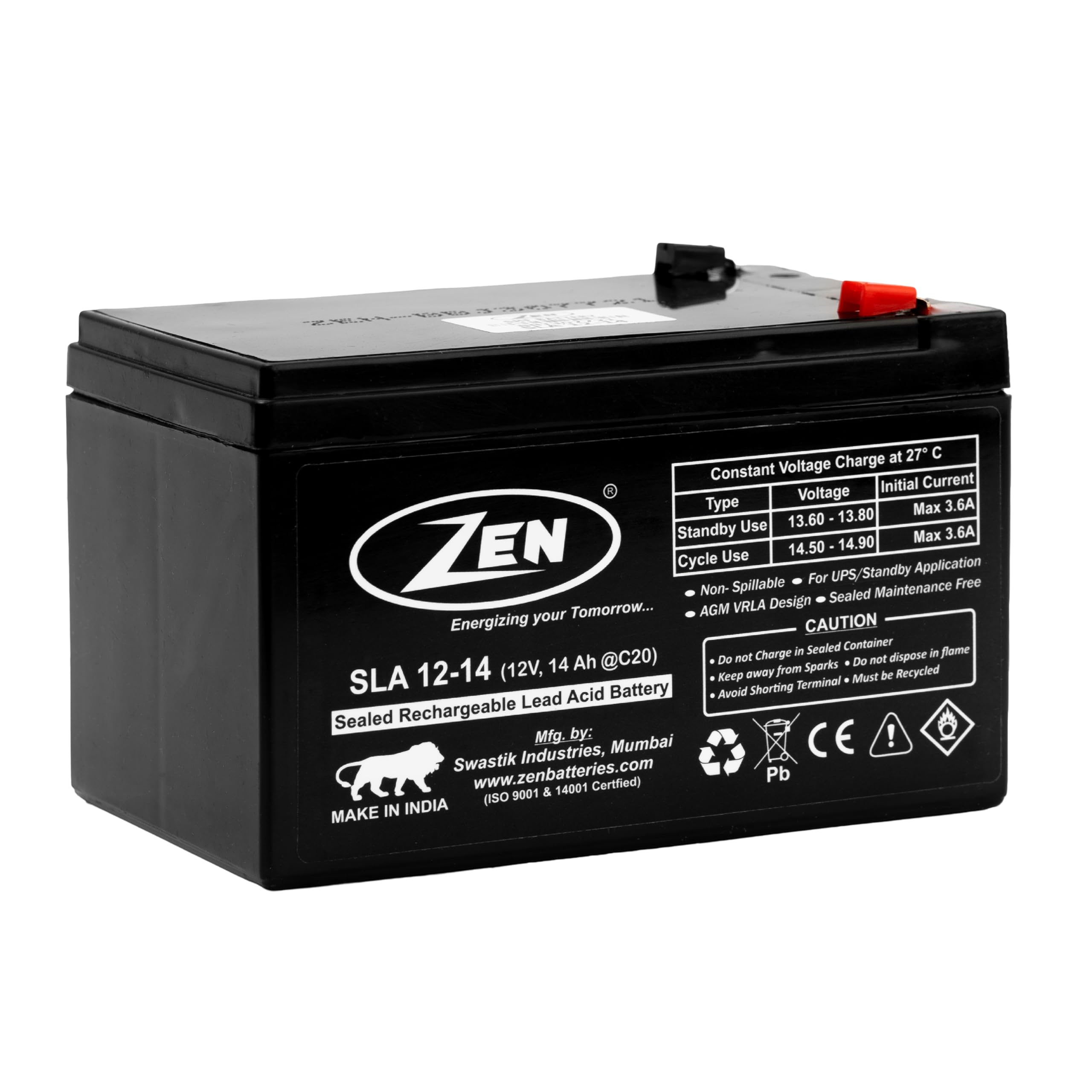 ZEN 12 Volt 14 Ah SMF VRLA Battery | Solar for UPS, Inverters, Solar Applications | Zen SLA 12-14