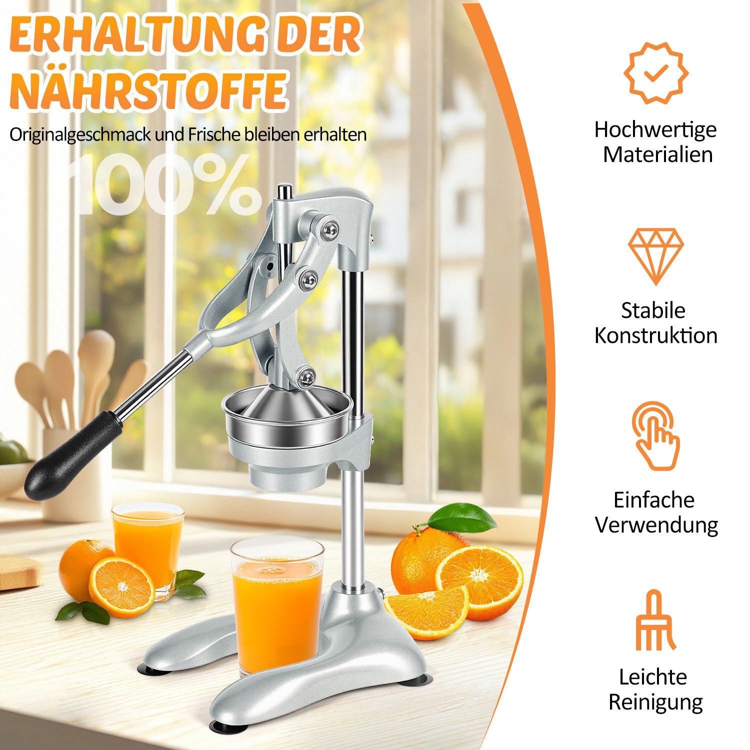 Entsafter manuell,Orangenpresse und Fruchtpresse mit Hebel | 2 Pressköpfe für verschiedene Früchte,mit Hebel und Saugnapf,45 cm hoch,Trichter und Sieb aus 304 Edelstahl