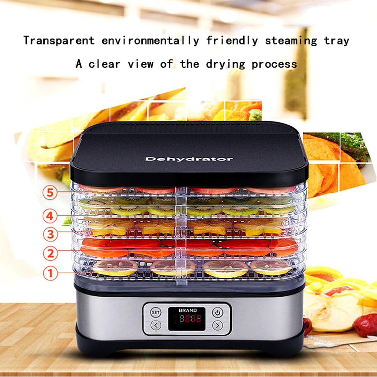 Essiccatore per alimenti domestico, essiccatore per frutta trasparente a 5 vassoi a 360° con temporizzazione di 72 ore, macchina per essiccazione portatile da 250 W per carne secca, frutta, carne, v
