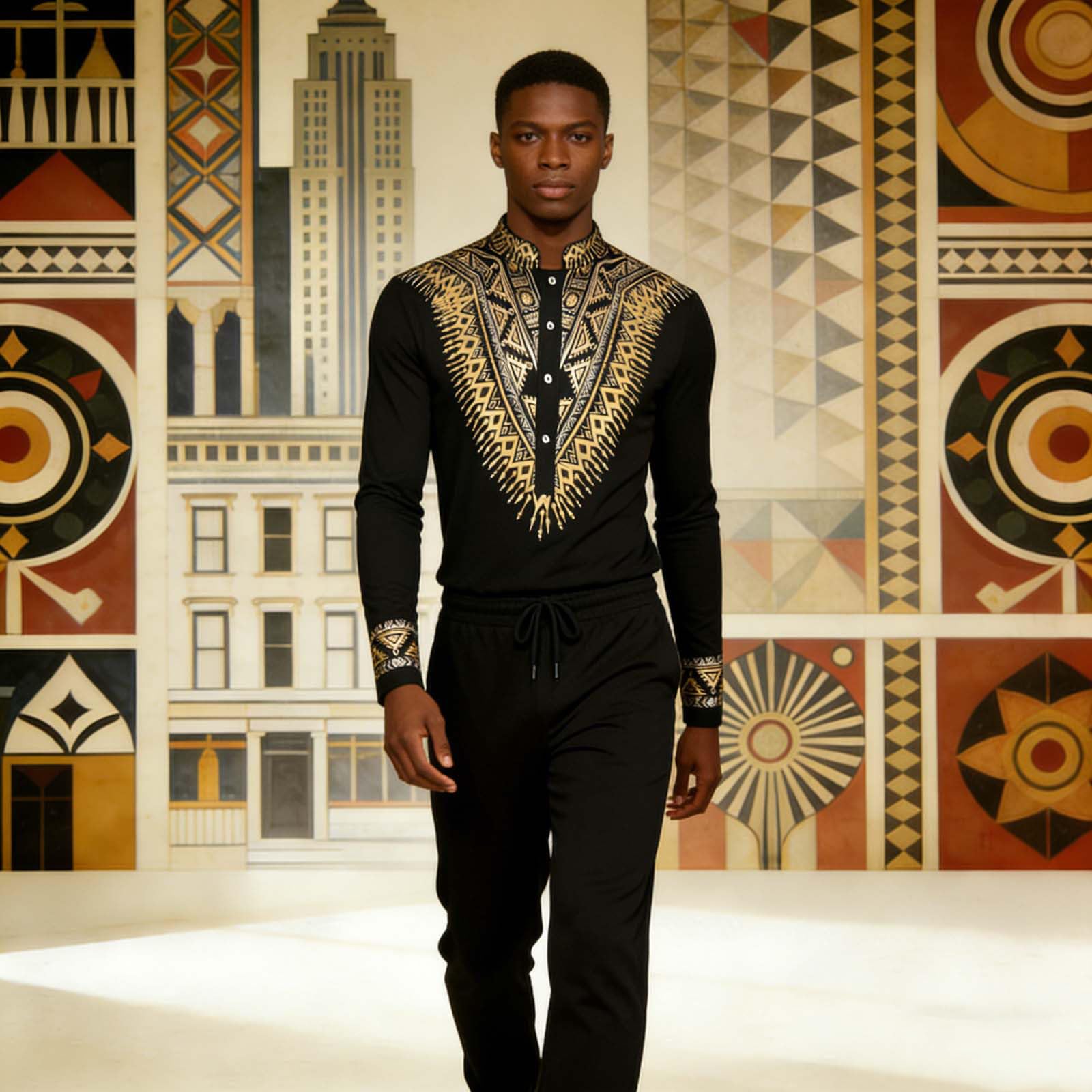 Abito Da Uomo Africano A Maniche Lunghe Dashiki Con Stampa E Pantaloni Dorati, Vestito Tradizionale 2 Pezzi Arabi Islamici Caftano Etnici Da Preghiera Morbido Da Sposa Confortevole