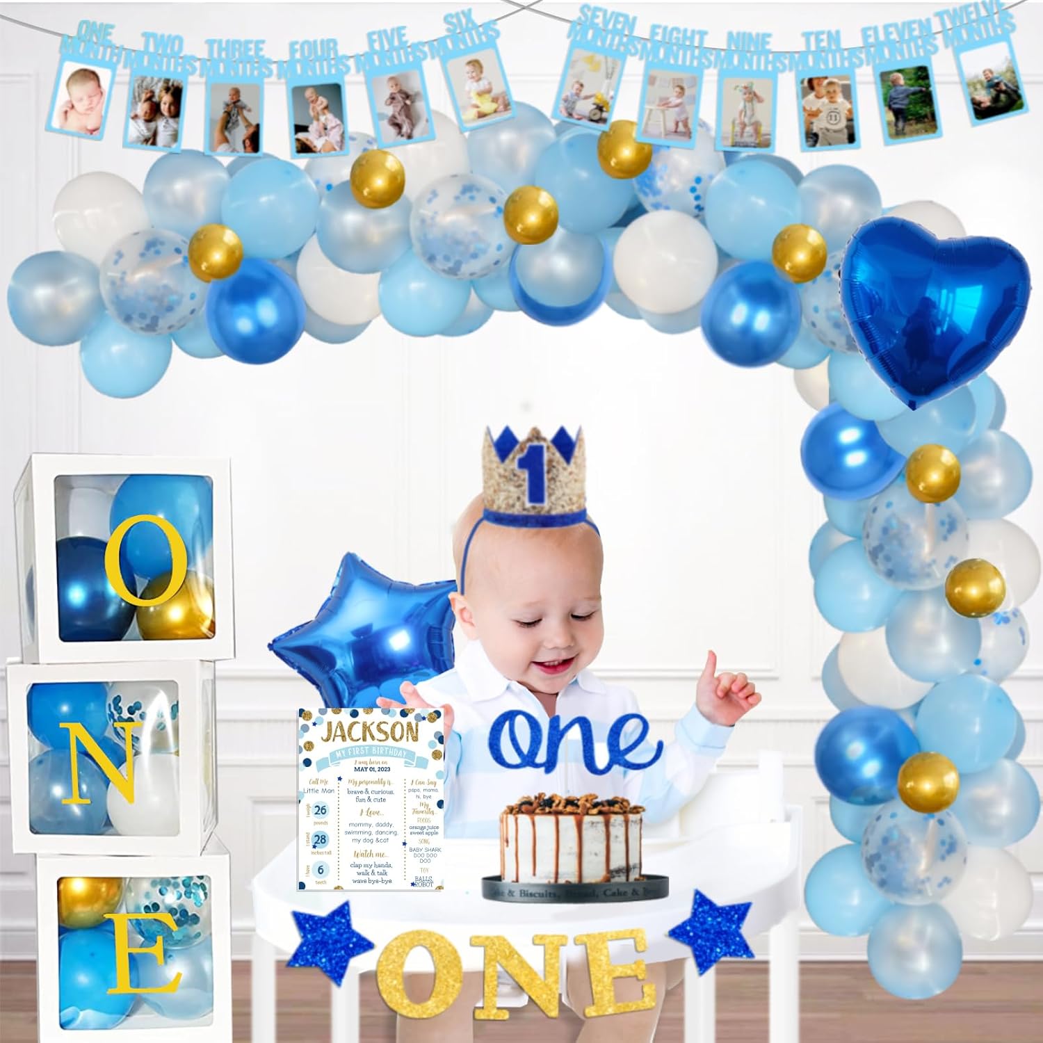 118 PCs First Birthday Decorations for Boy, Party Inspo Baby Boy 1st Birthday Decorations One Year Old Backdrop Balloon Garland Monthly Photo High Chair Banner Cake Topper Box Cutout Poster Crown Blue