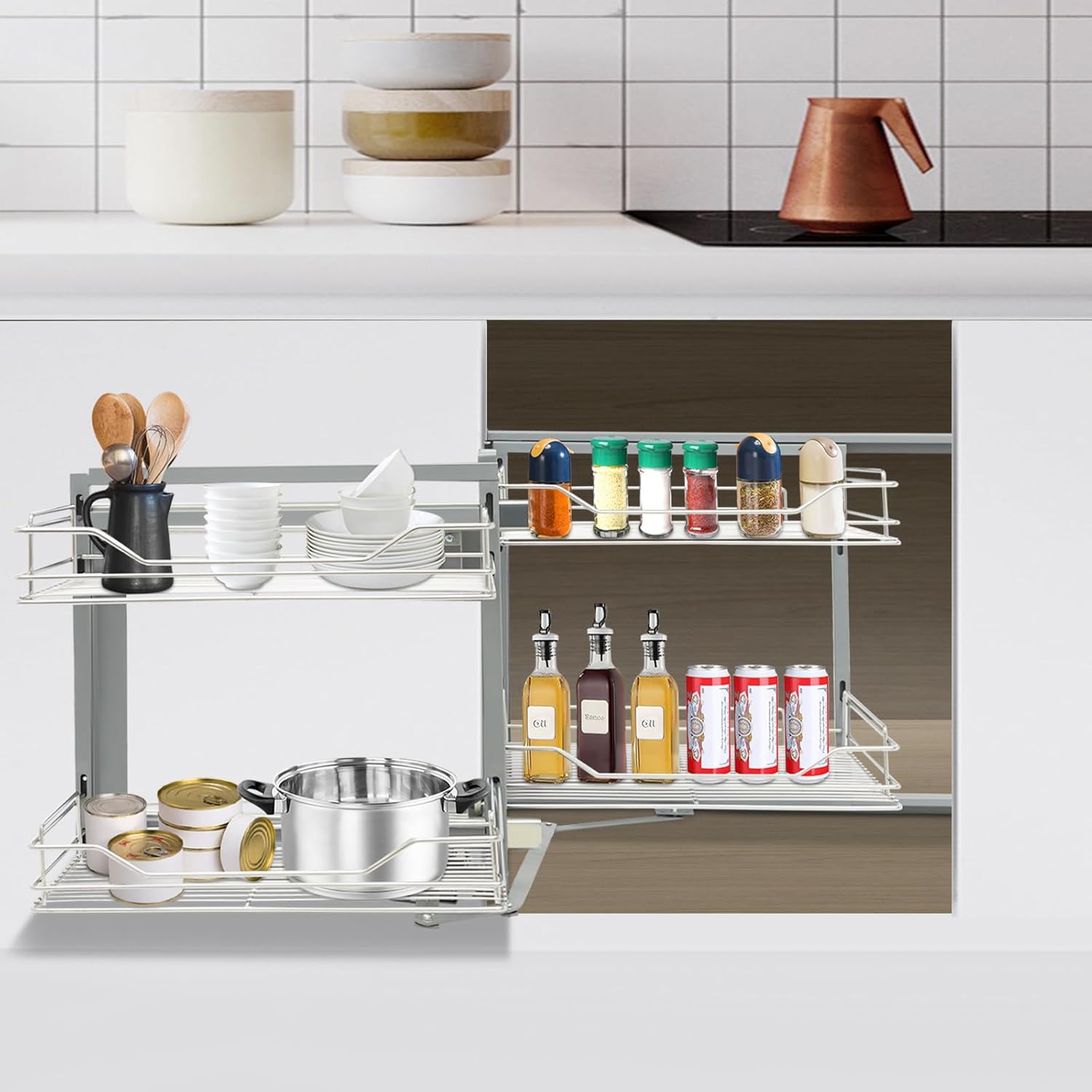 Pull-Out Cabinet Organizer, 2-Tier Left or Right Corner Kitchen Cabinet Organizer, Slide Out Drawer, Stainless Steel, Grey Silver, 4 Baskets, for Pantry, Kitchen, Apartment, Home Storage