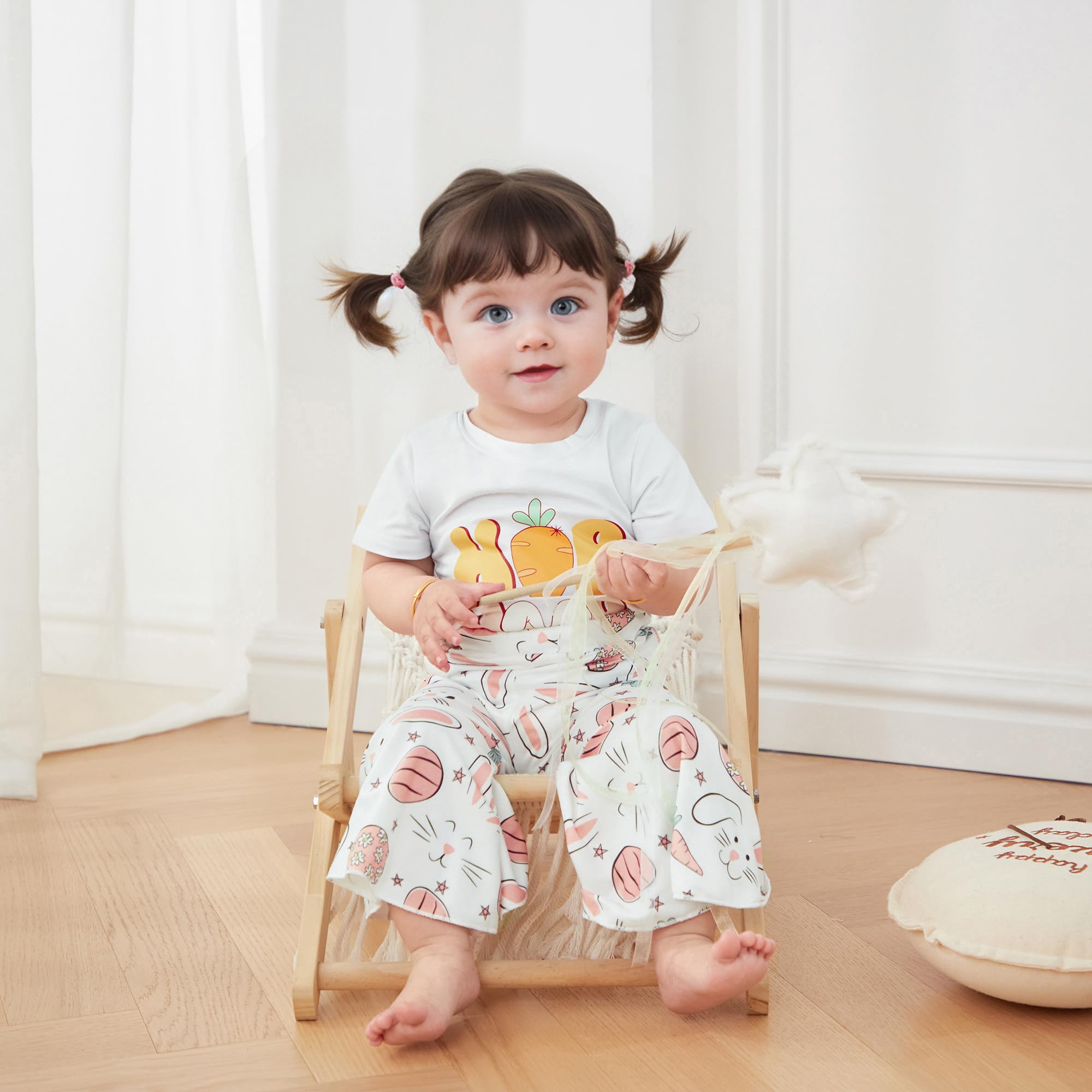 Kupretty Easter Outfits for Toddler Girls Clothes Bunny T-Shirt Tee Tops + Flare Pants + Headband Baby Bell-bottoms Set (A White, 12-18 Months)