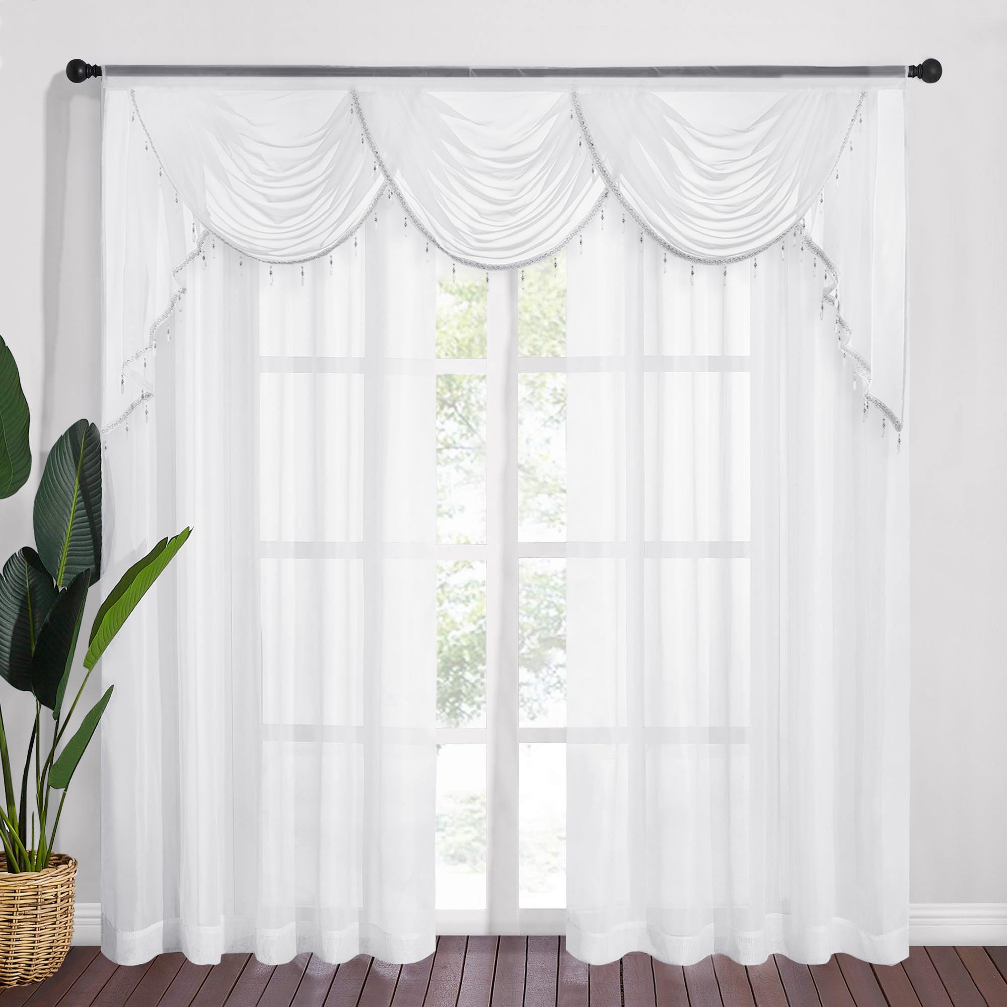NICETOWN 2 Panels 70" x 84" Grommet White Sheer Curtains with 1 Piece Rod Pocket 79" x 40" White Waterfall Sheer Valance