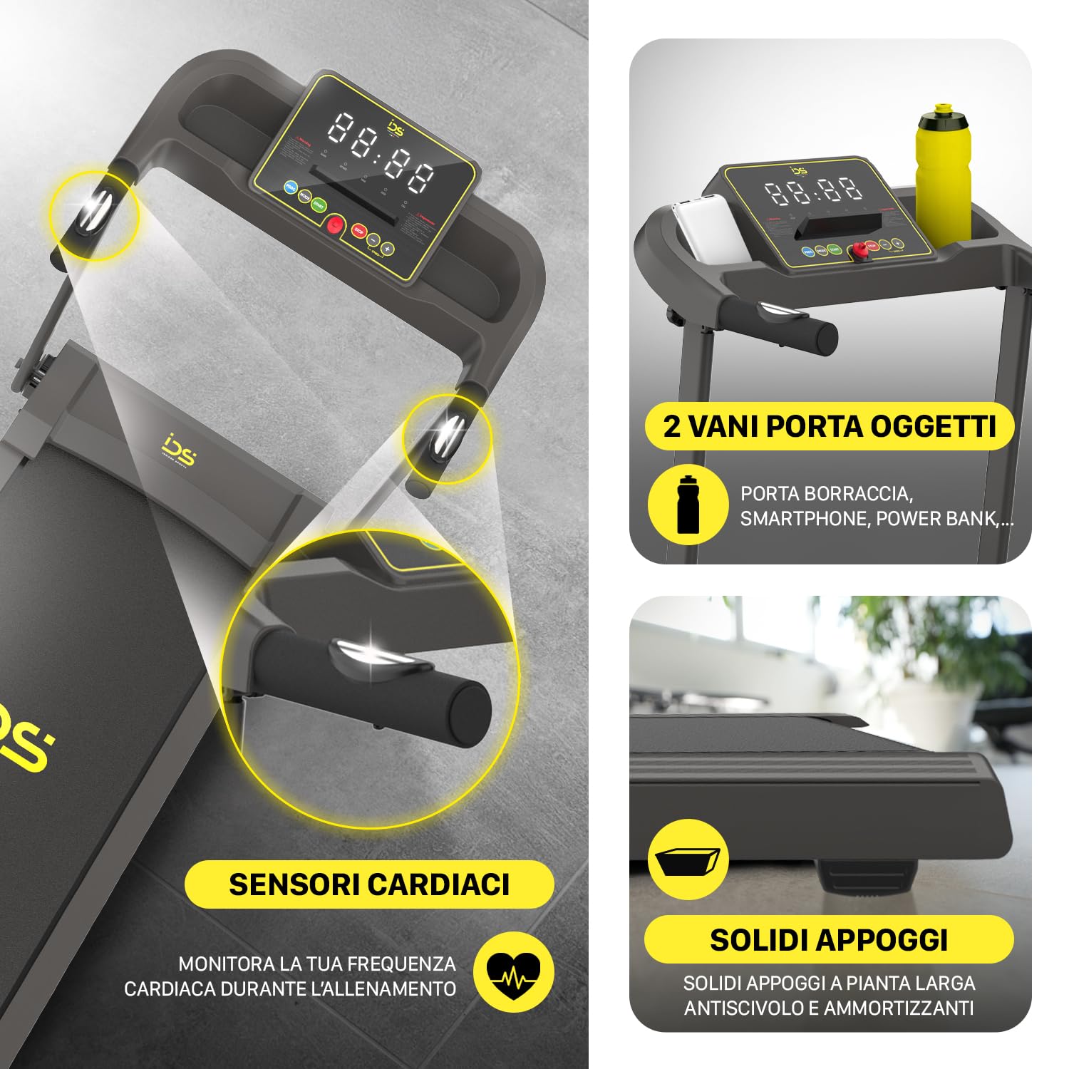 IDS W6 Tapis Roulant Elettrico Salvaspazio, CORSA + NORDIC WALKING, Brand ITALIANO, Super Slim 11,5 CM, 8 km/h, 6 Programmi, Telecomando da polso, Garanzia e Assistenza ITALIA