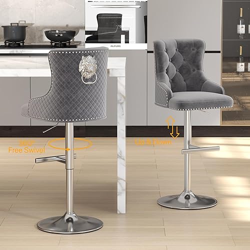 Miniatura 25 de ABET Juego de 2 taburetes de bar, taburetes de altura de mostrador con reposapiés, silla giratoria ajustable de terciopelo para isla de cocina con