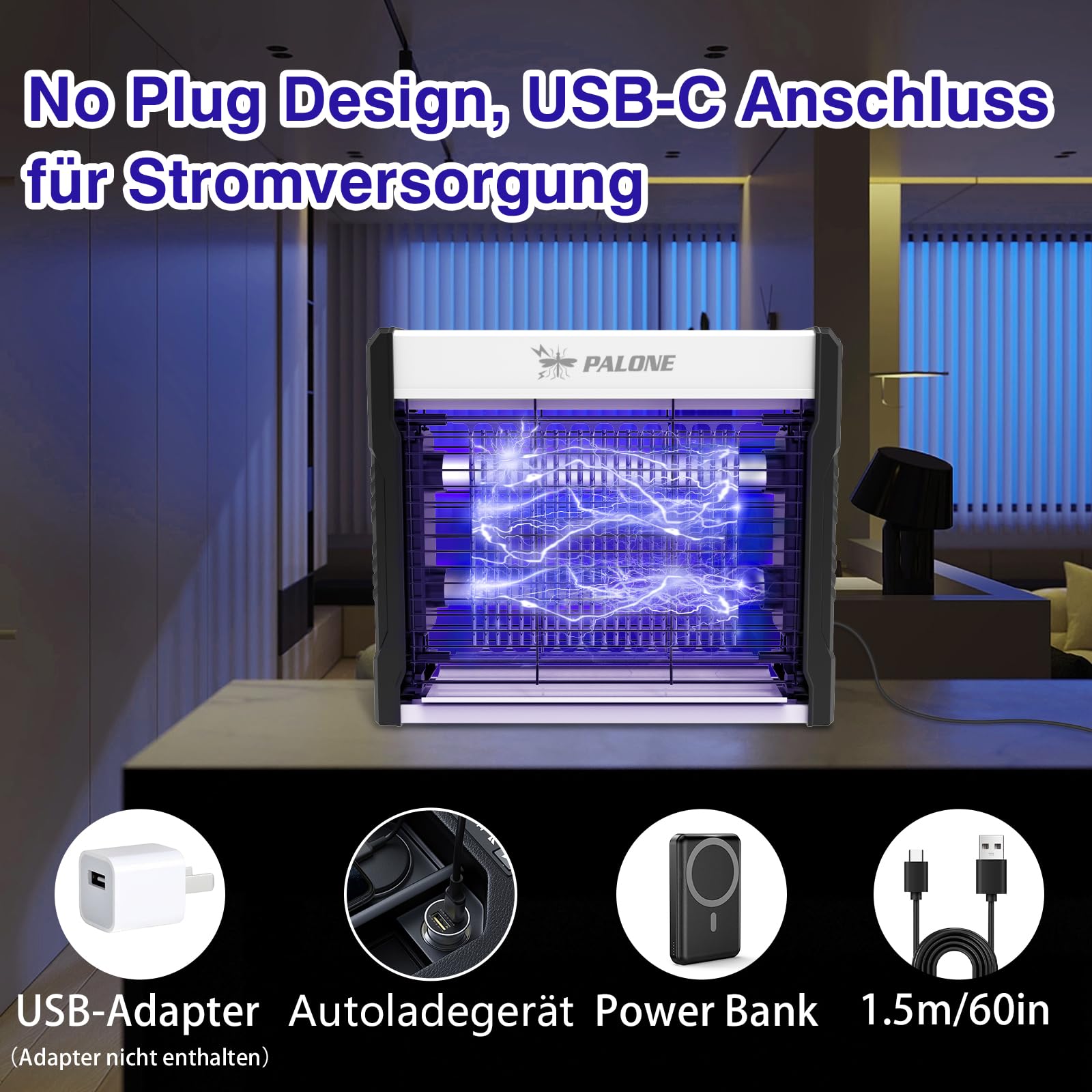 PALONE Insektenvernichter Elektrisch 4000V, 2 UV LED Mückenlampe USB C Elektrischer Mückenfalle Hängbar Insektenfalle Ungiftig Geruchsneutral für Innen