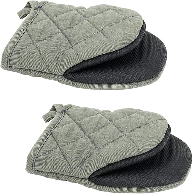 Ulable 2 Pack Mini Oven Mitts Heat Resistant Non-Slip Neoprene Cotton Gloves with Hanging Loop for Microwave and Oven (Grey)