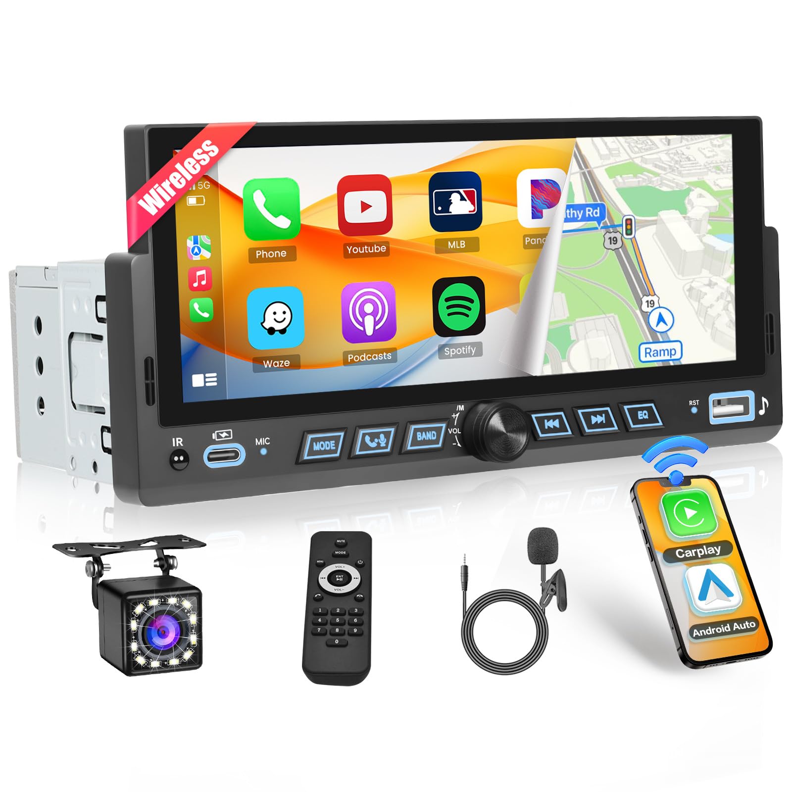 Inefala radio samochodowe Bluetooth 1 DIN z bezprzewodową funkcją CarPlay i Android Auto, radio 1 DIN z ekranem 6,9 cali, Mirror Link, radio FM, USB, Typ-C, SWC, EQ, kamera cofania, mikrofon