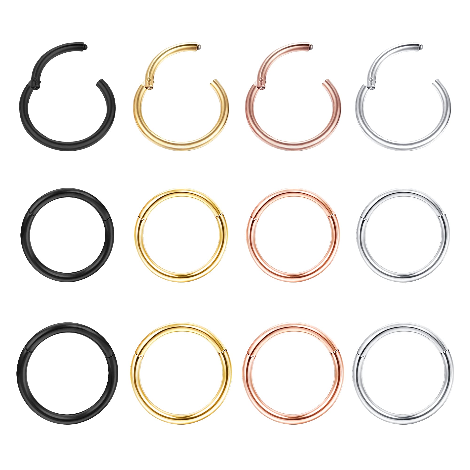 Dochais 12 Piezas Anillos Nariz 18G, Hoop Nose Rings, Piercing Septum Clicker, Anillos Nariz Acero Inoxidable, Septum Clicker Aro Anillos para Mujeres Hombres Plata Oro Negro Oro Rosa 7 mm 8 mm 9 mm