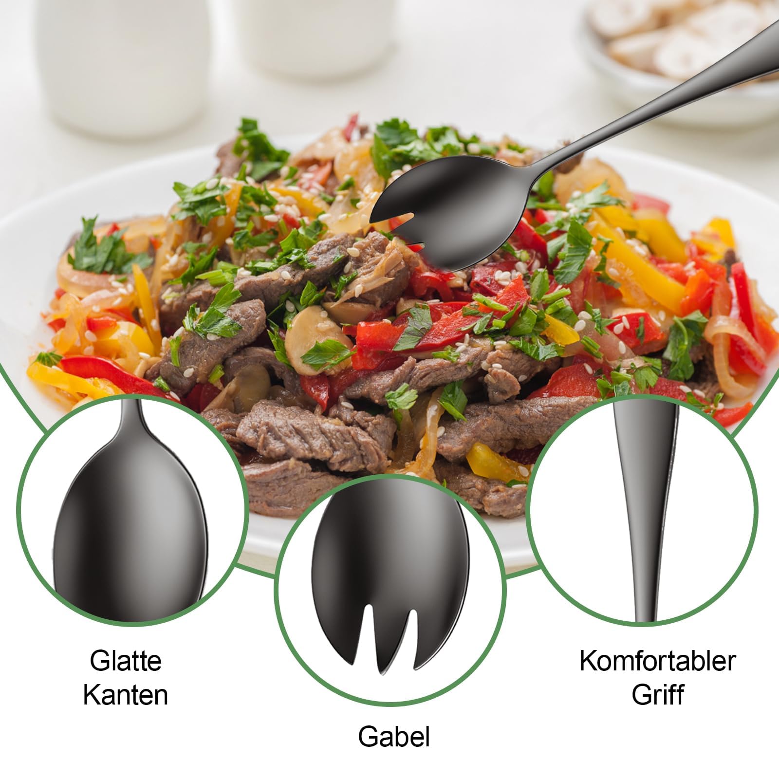 Set of 4 Salad Servers,Noir Couverts à Salade Salad Spoon and Salad Fork, Salad Servers, Stainless Steel Salad Servers, Stainless Steel Salad Servers, Suitable for Kitchen, Dining Room, Party - 5