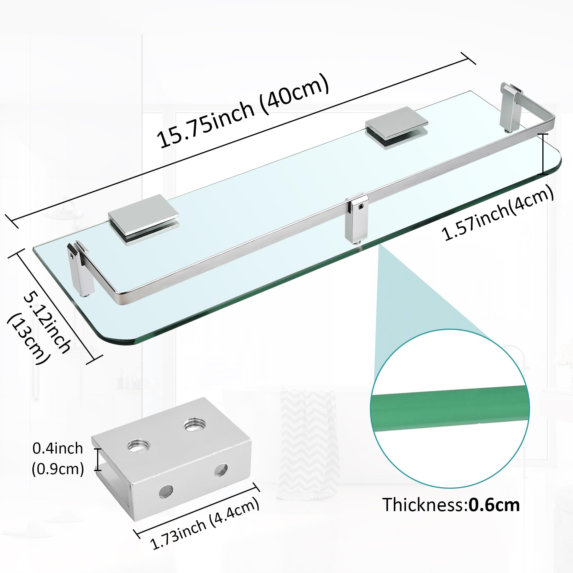 WENLISELL Wall Mounted Bathroom Glass Shelves, 40cm Tempered Glass Bathroom Shelf with Rail, 6mm Extra-Thick Bathroom Shelf - Image 2
