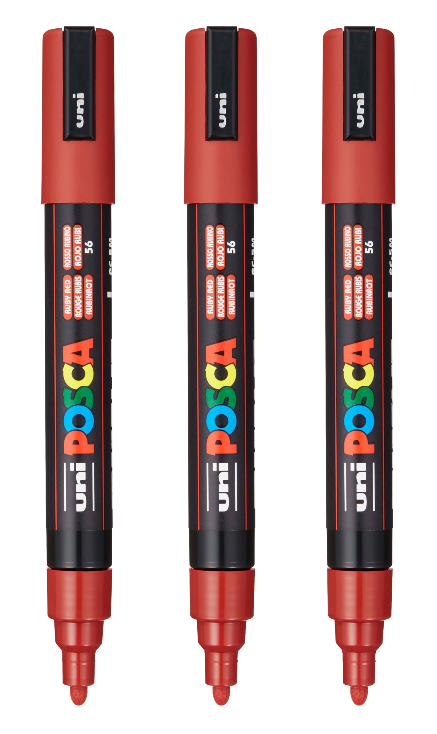 posca PC-5M Water-Based Paint Markers, Reversible Medium Tip (1.8-2.5mm), Ruby Red, 3 Count