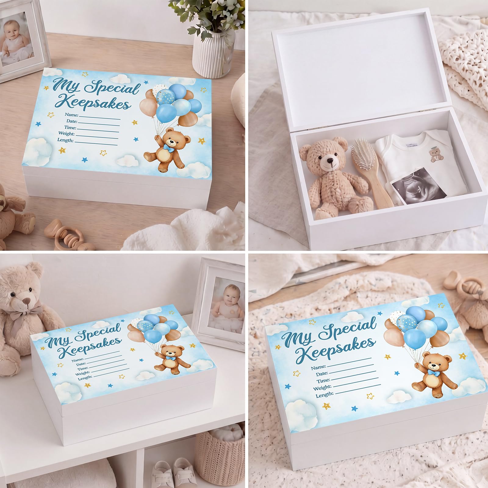 Thyle Blue Bear - Caja de madera para recuerdos de bebé, caja de recuerdos para niños o niñas, regalo de cumpleaños bautismal para padres recién nacidos, regalo de cumpleaños para recuerdos