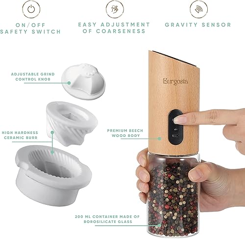 Miniatura 3 de Molinillo eléctrico de madera de pimienta y sal por gravedad, molinillo recargable, recargable por USB, grosor ajustable, operación automática con