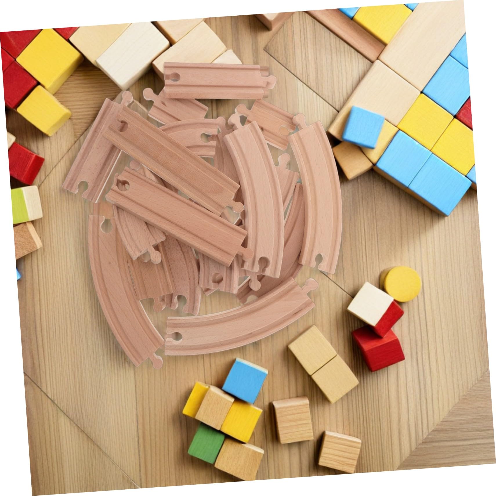 VICASKY Binari in Legno per Trenini 20 Pezzi Beige per Modellini | Tratti Dritti e Curvi, Connettori di Giunzione e Biforcazioni, per Gioco Ferroviario DIY