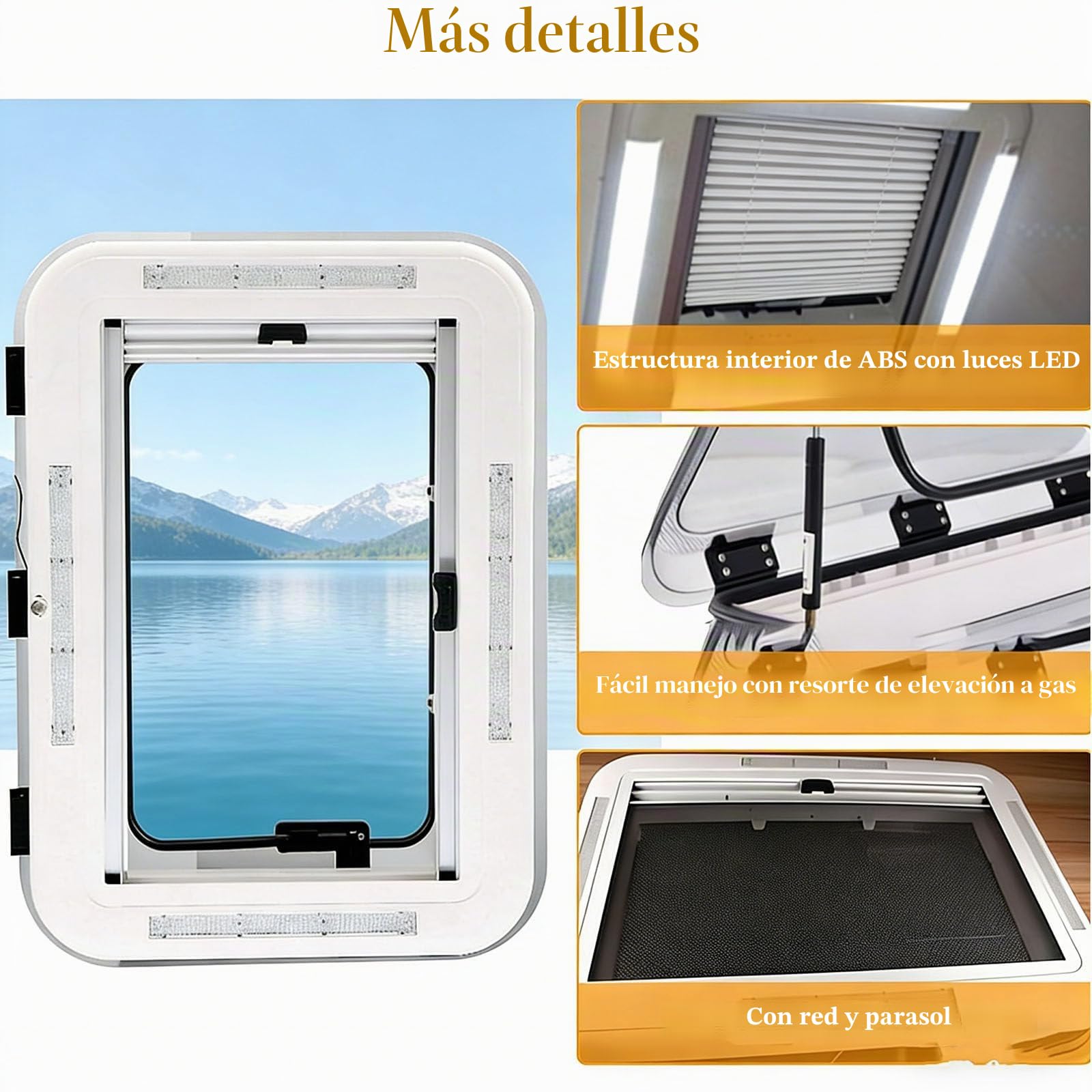 Claraboya para Autocaravana/Ventana para Techo con ventilación 50/70/80 x 50cm– Cortinas oscurecedoras y mosquiteras integradas, iluminación LED 12V, para caravanas, remolques, Barcos 50x50cm