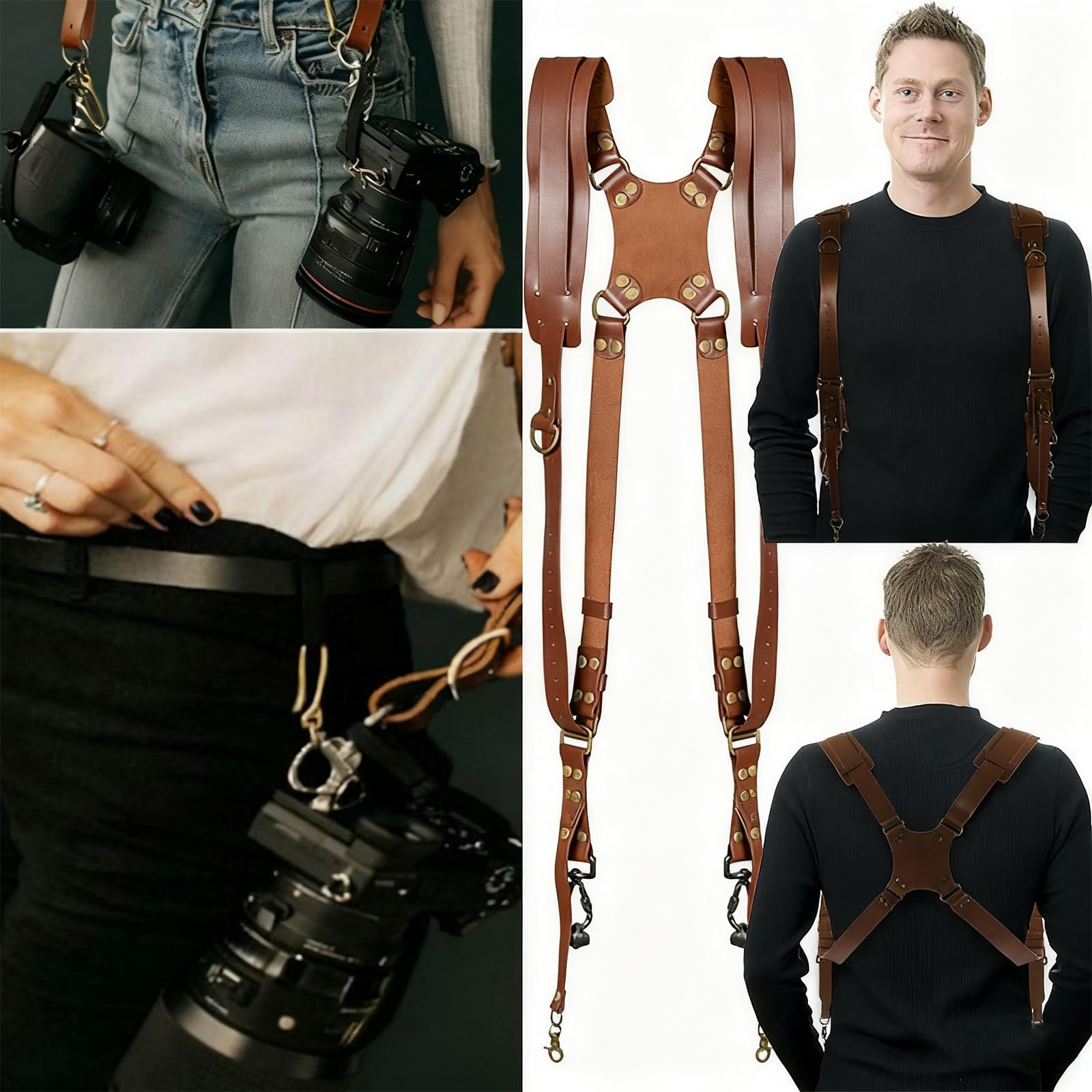 Imbracatura per fotocamera con imbottitura in spugna, doppie cinghie regolabili per attrezzatura DSLR confortevole imbracatura antiscivolo, cinghie in pelle regolabili