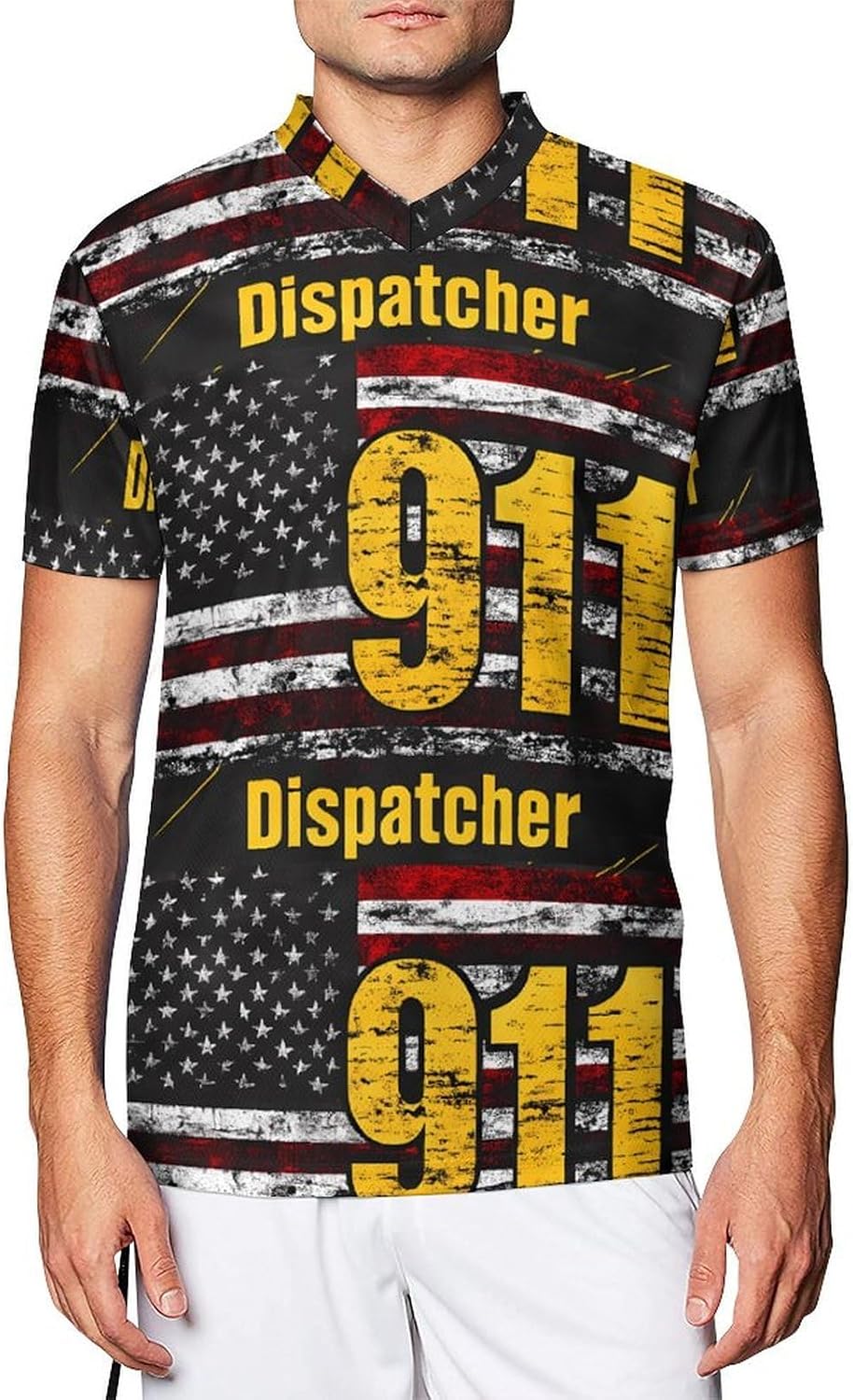 911 Dispatcher U.S. Flag Funny Football Jerseys Casual V-Neck Short Sleeve Soccer Jersey T-Shirt