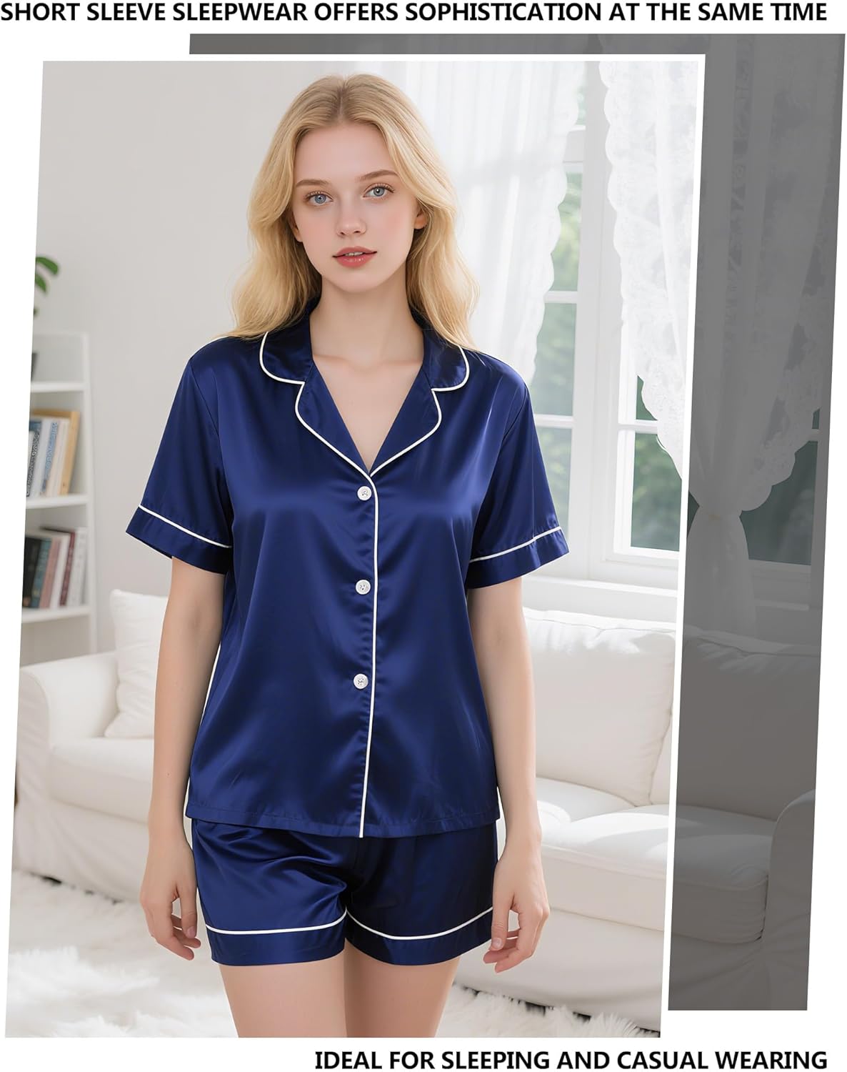 Couples Silk Pajama Sets Short Sleeve Top and Shorts Pjs 2 Pieces Button Down Sleepwear Set M-XL - Image 4