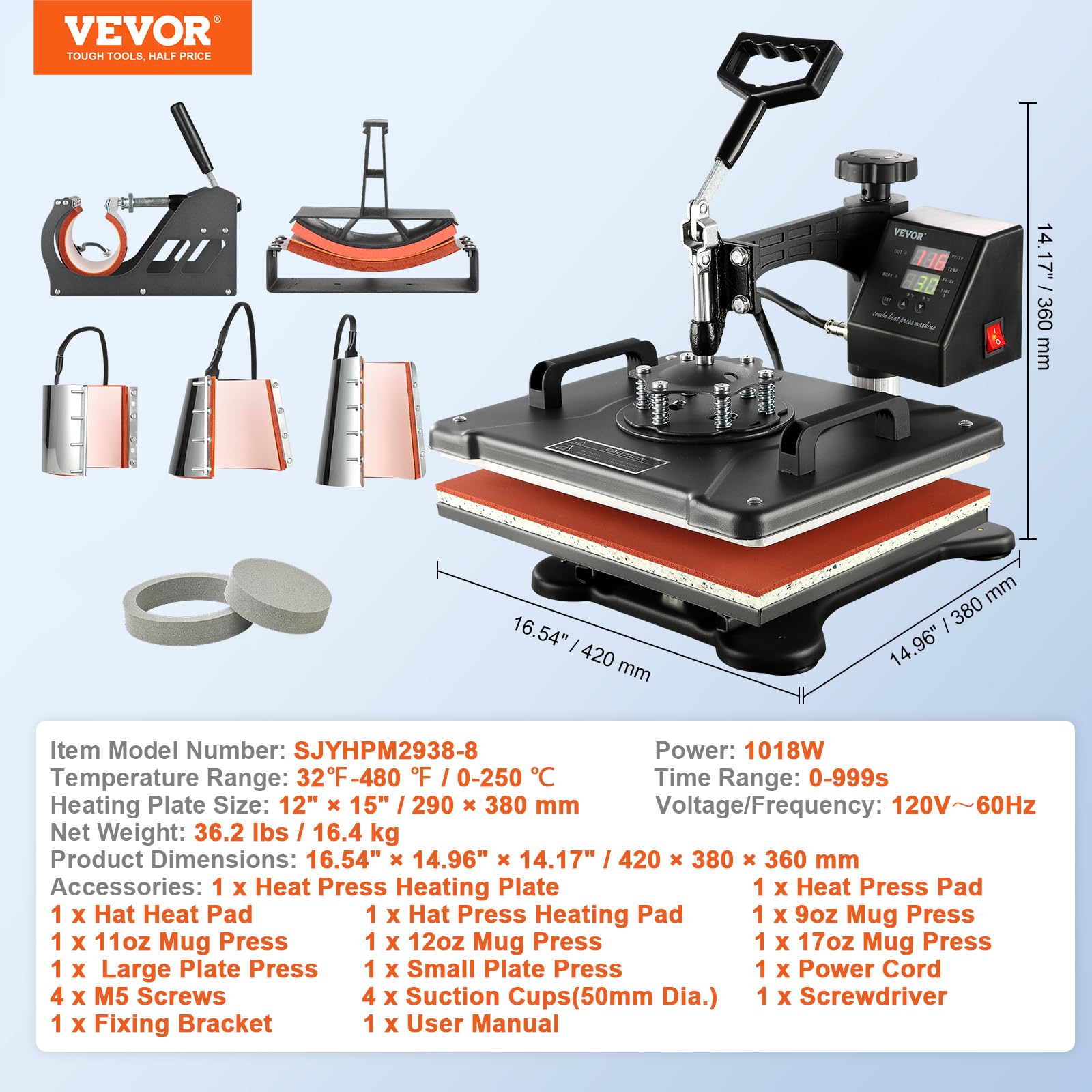 VEVOR 8 en 1 Presse à Chaud 38 x 30 cm Presse de la Chaleur Machine de Sublimation Machine de Transfert pour T-Shirt Multifonction Professionnel et à la Maison