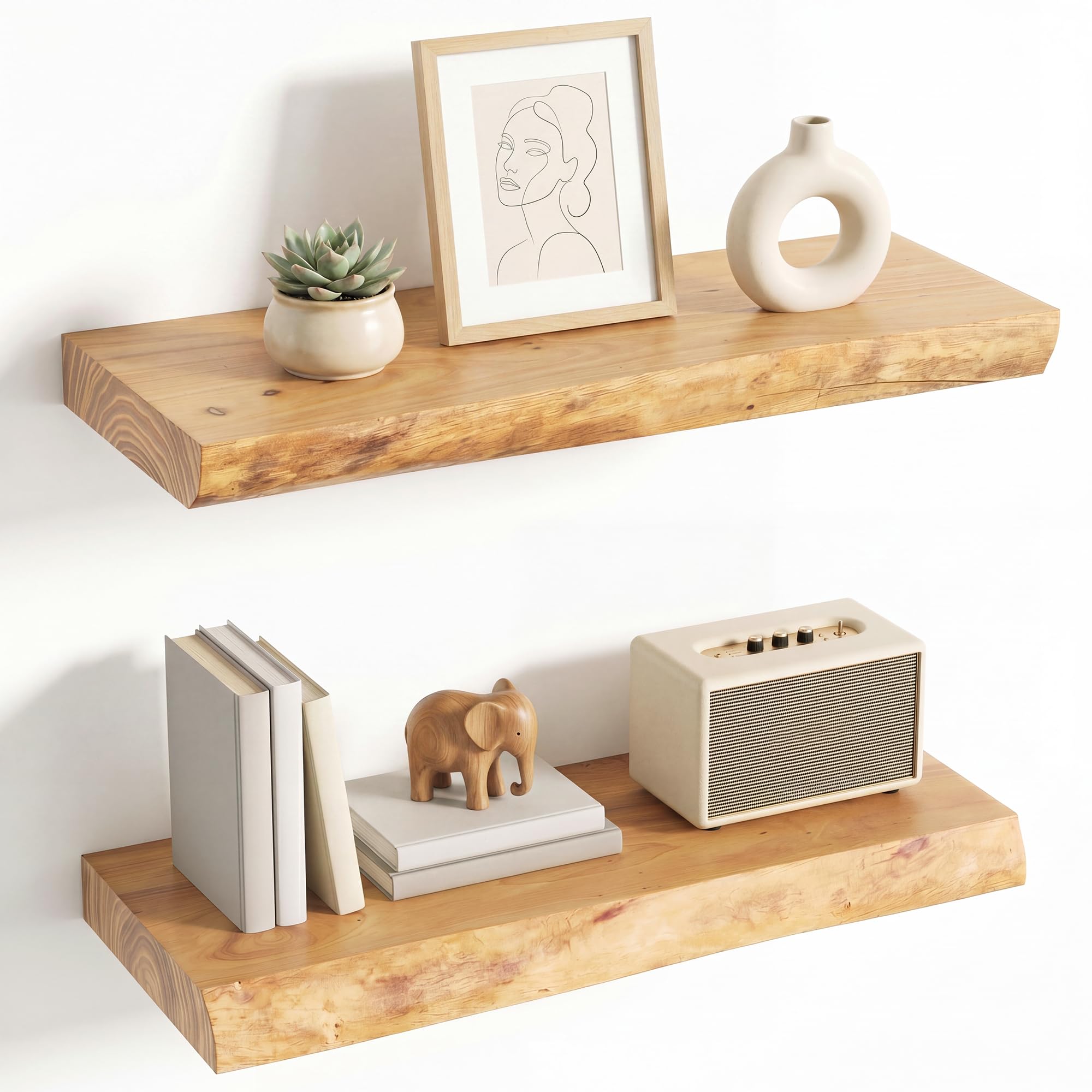 Photo 1 of Venusmiles Live Edge Elm Floating Shelves for Wall Decor, Rustic Solid Wood Shevles Wall Mounted with Invisible Bracket for Living Room Bathroom Bedroom Kitchen, 22.5 Inch Set of 2, Natural