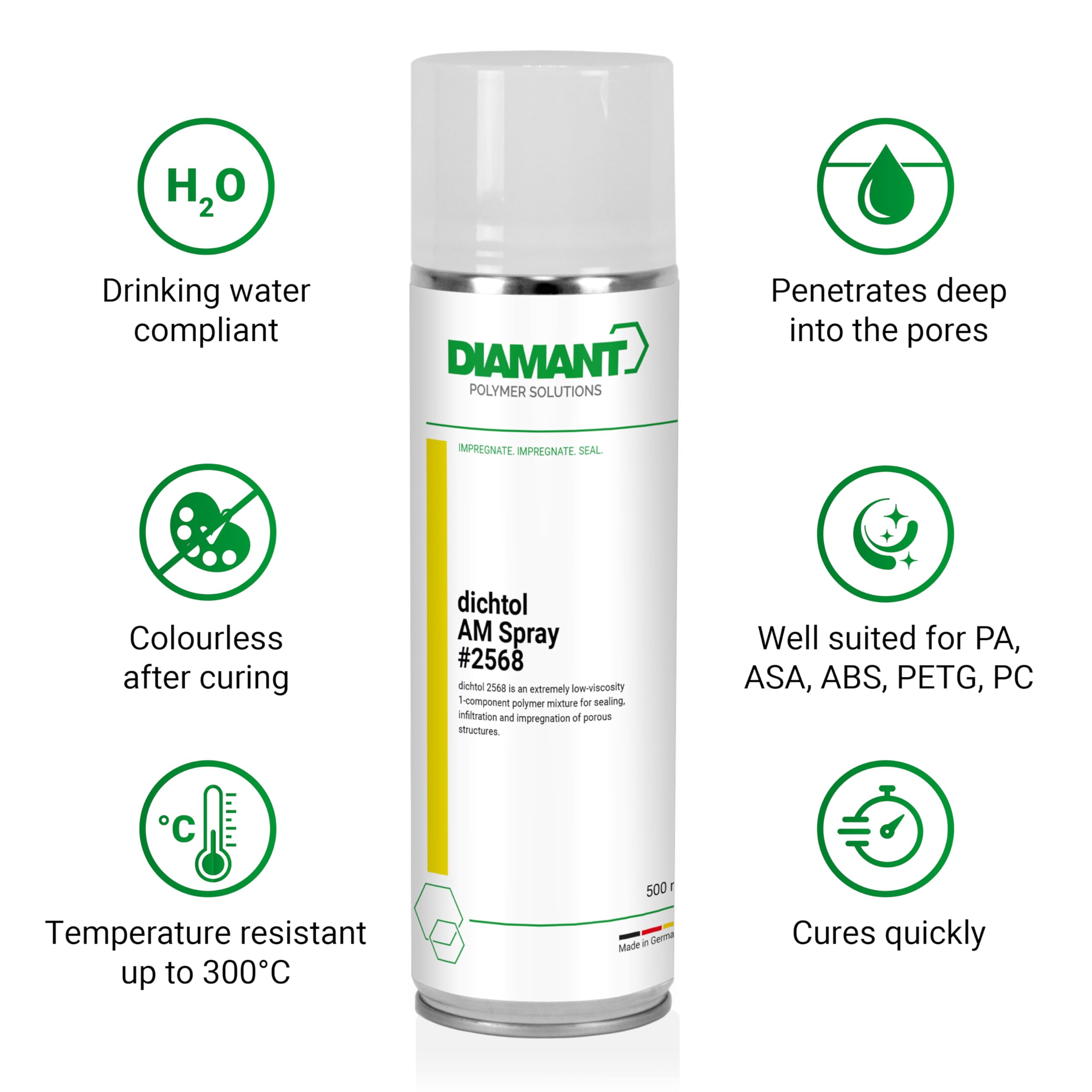 DIAMANT dichtol AM Spray - Sellador en spray para piezas de impresión 3D, 200 ml | Transparente, resistente al agua y al gas. Pulverización rápida para poros finos y geometrías complejas.
