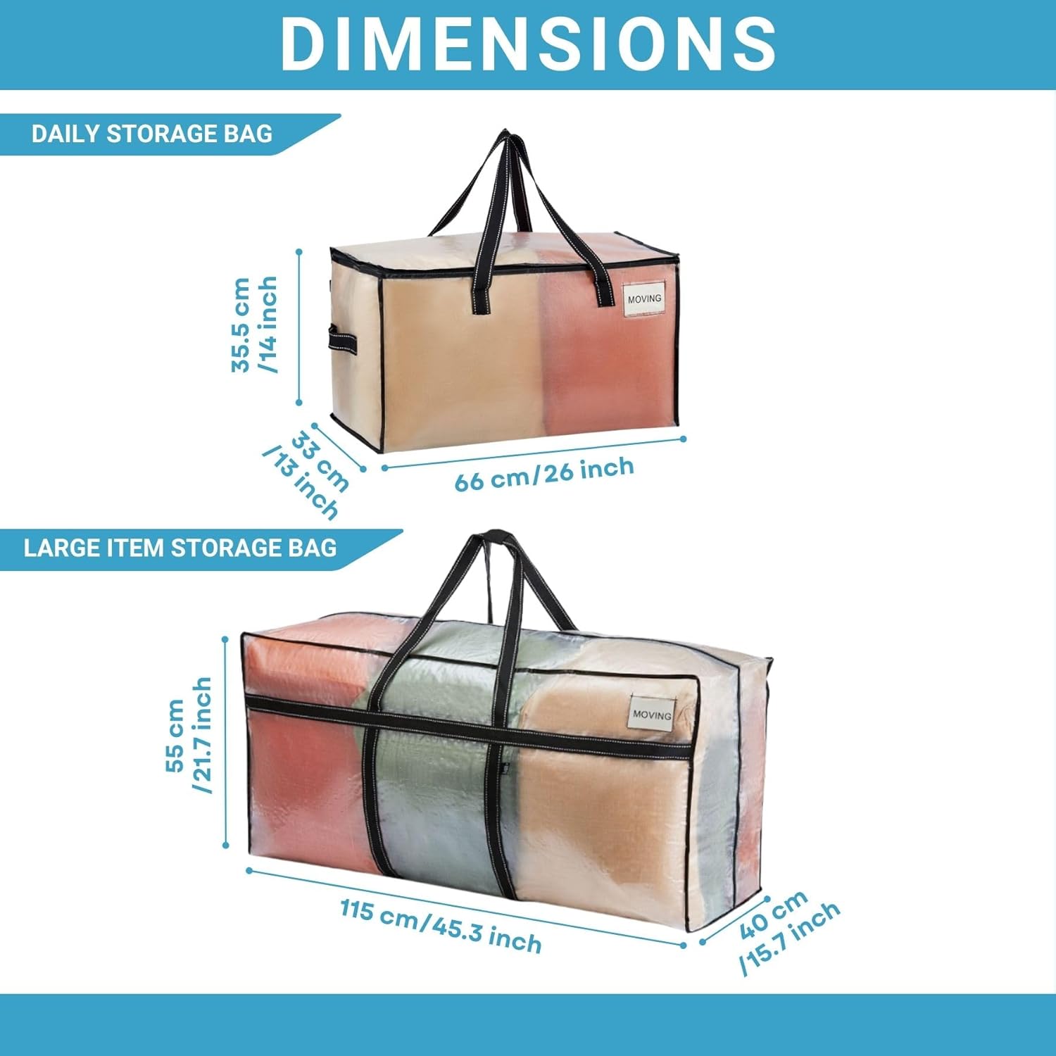 VENO 12 Pack Moving Bags: 8 Clear Windowed + 4 Extra Large, Polypropylene (PP), Zipper Closure, Ideal for Bedding Storage and Organization