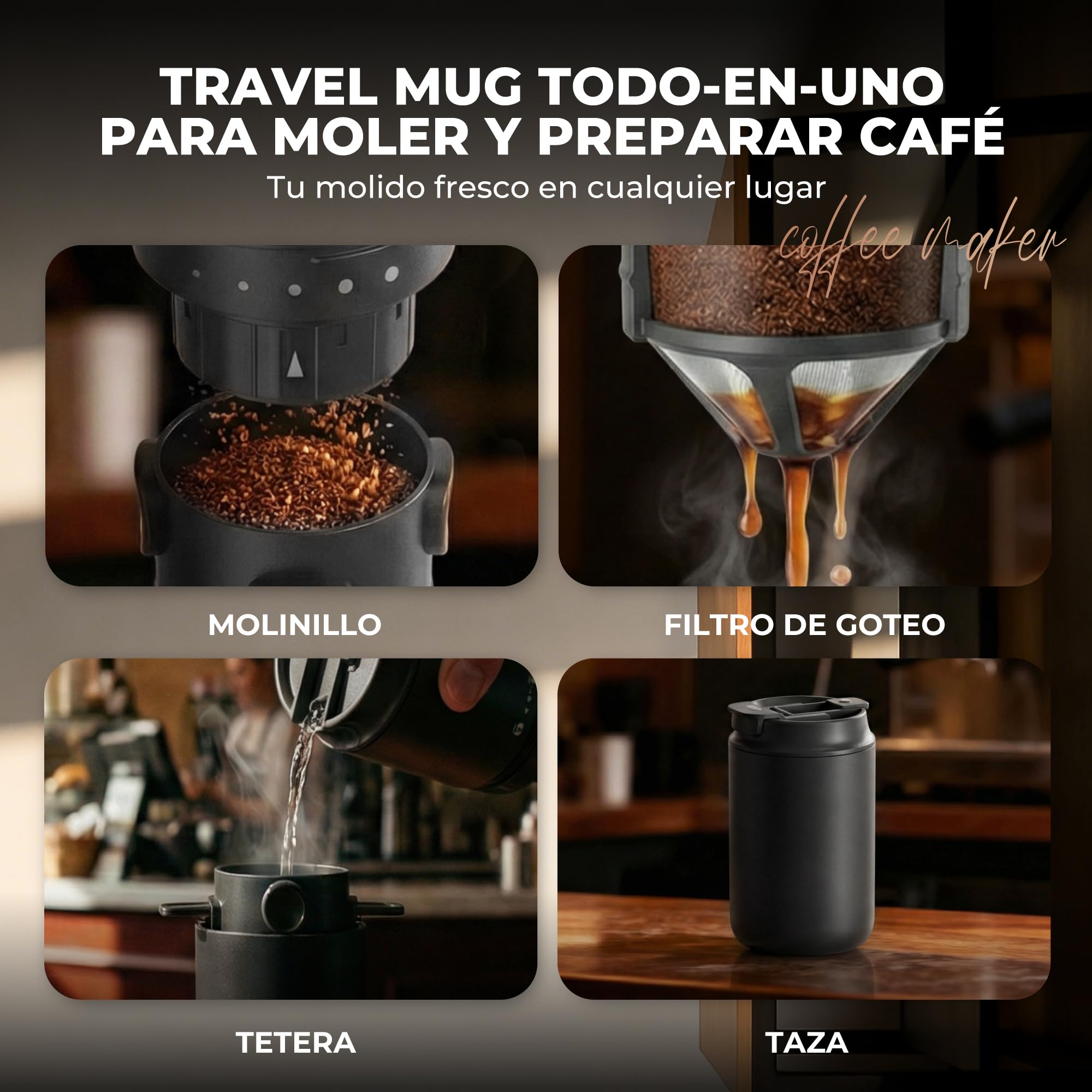 HAUSHOF Molinillo de Café Eléctrico Portátil Inalámbrico con Taza Térmica Doble 700ml, 5 Niveles de Molienda Ajustable, Cafetera Vertido Todo en Uno para Camping, Outdoor Viaje, RV y Oficina