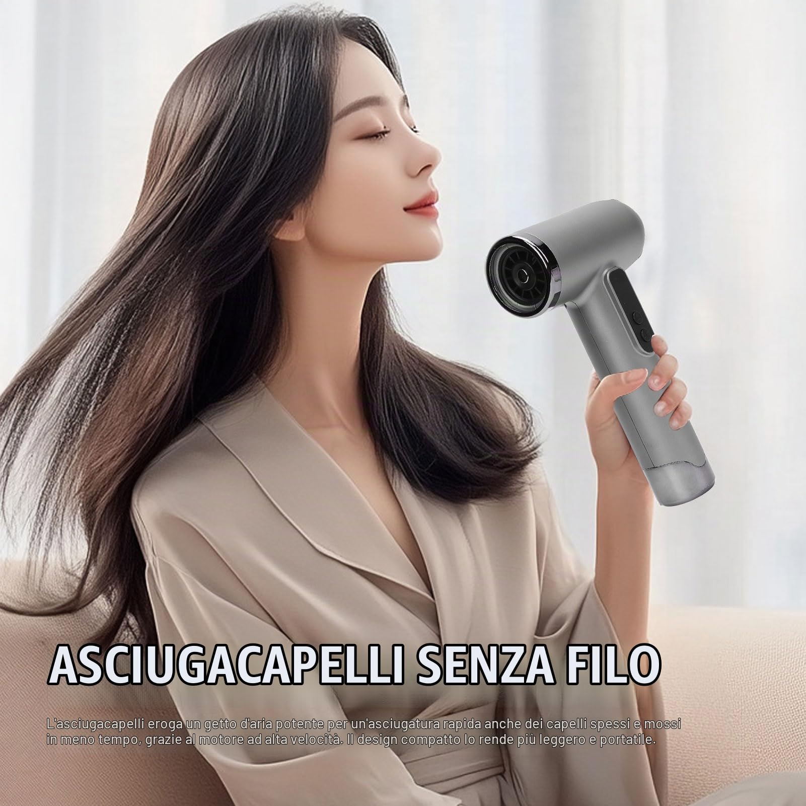 Asciugacapelli Ricaricabile Ricaricabile in Cordone - Pompino Portatile da 200 W con Ugello, Batteria Silenziosa da 15.000 MAh per Viaggi, Dormitorio e Uso Domestico (SILVER)