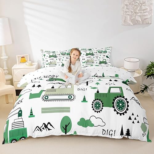 Miniatura 4 de Feelyou Juego de ropa de cama de construcción para niñas y niños, tamaño matrimonial, diseño de dibujos animados, excavadora, tractor, juego de