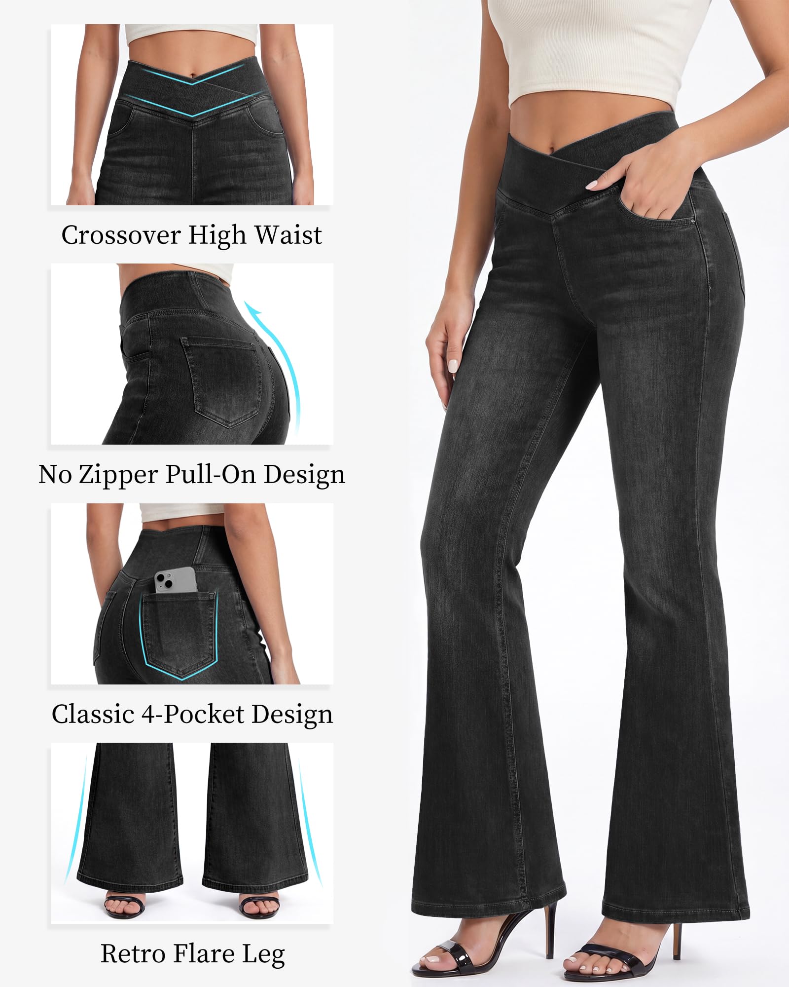 V Cross Bootcut Jeans Damen mit 4 Taschen, High Waist Schlaghose Damen Jeans Flared Jeans Hohe Leibhöhe Stretch Schlagjeans Ideal für Alltag Büro Party, Freizeit