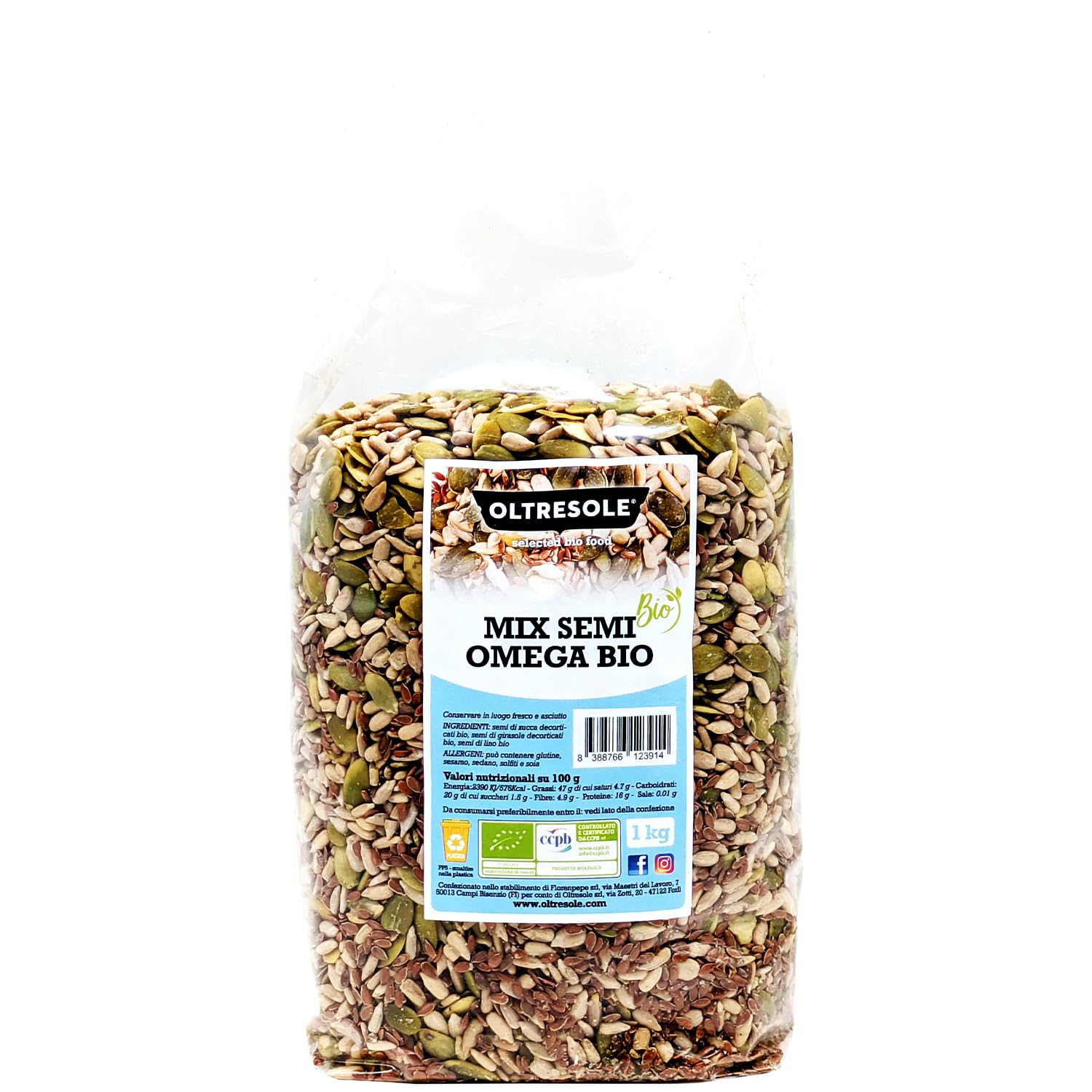 Oltresole, Mezcla De Semillas Omega Ecológicas 1 Kg (Calabaza, Girasol Y Lino), Mezcla De 3 Semillas Oleaginosas Crudas Enteras, Ricas En Proteínas, Fibra Y Omega 3