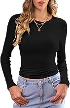 WNEEDU Long Sleeve Women's Crew Neck Tops Ribbed Slim T-Shirt Elegant Stretch Long Sleeve Basic Tops