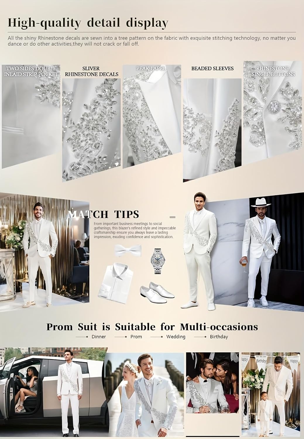Men's Tuxedo Jacket with Rhinestones Luxury Shiny Slim One Button Dress Blazer for Wedding,Prom,Party,Dinner