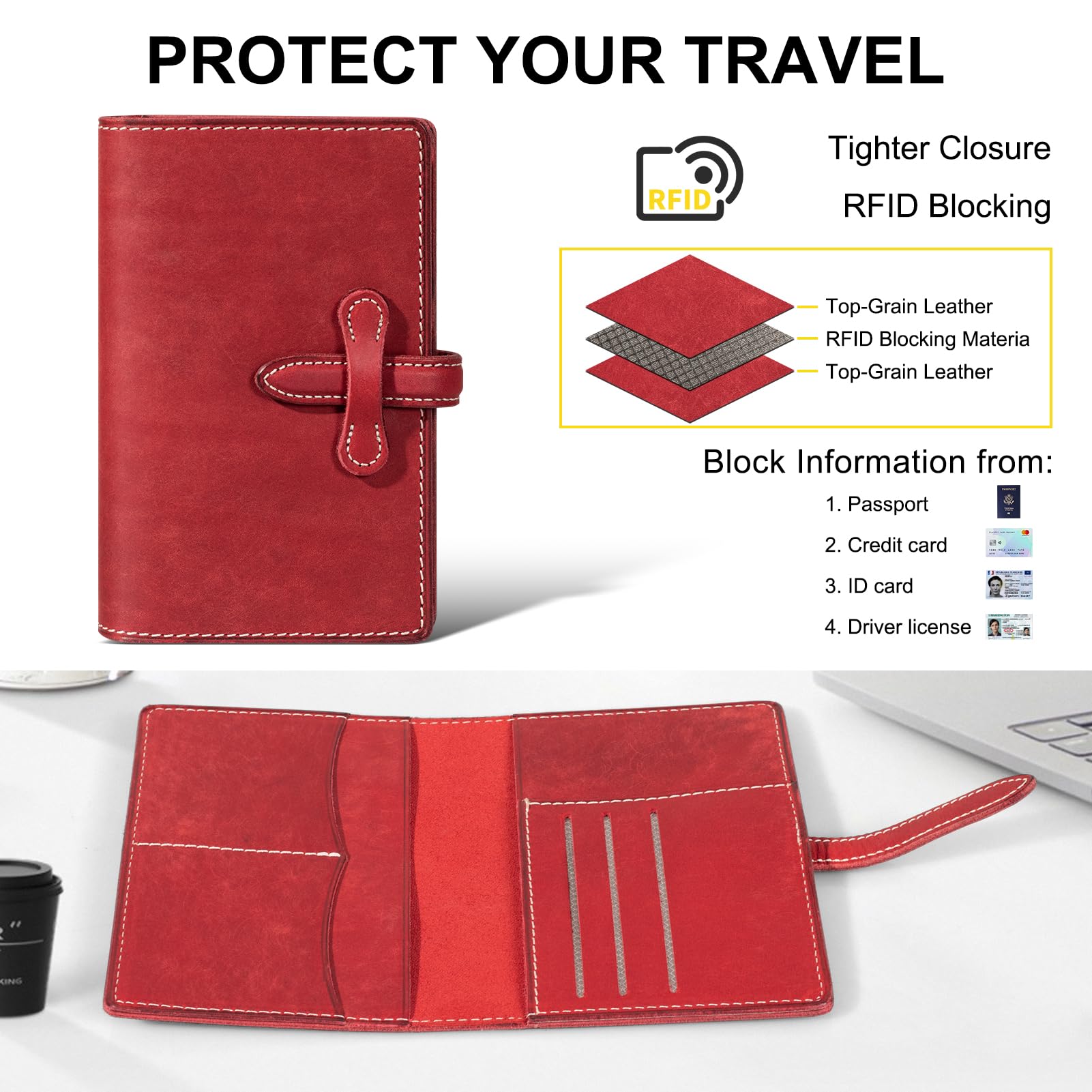 Porta passaporto in pelle per viaggi donne e uomini, slot per carte di blocco RFID, pelle pieno fiore con fibbia magica, tasca per carta d'imbarco, portafoglio passaporto retrò, Rosso, Small