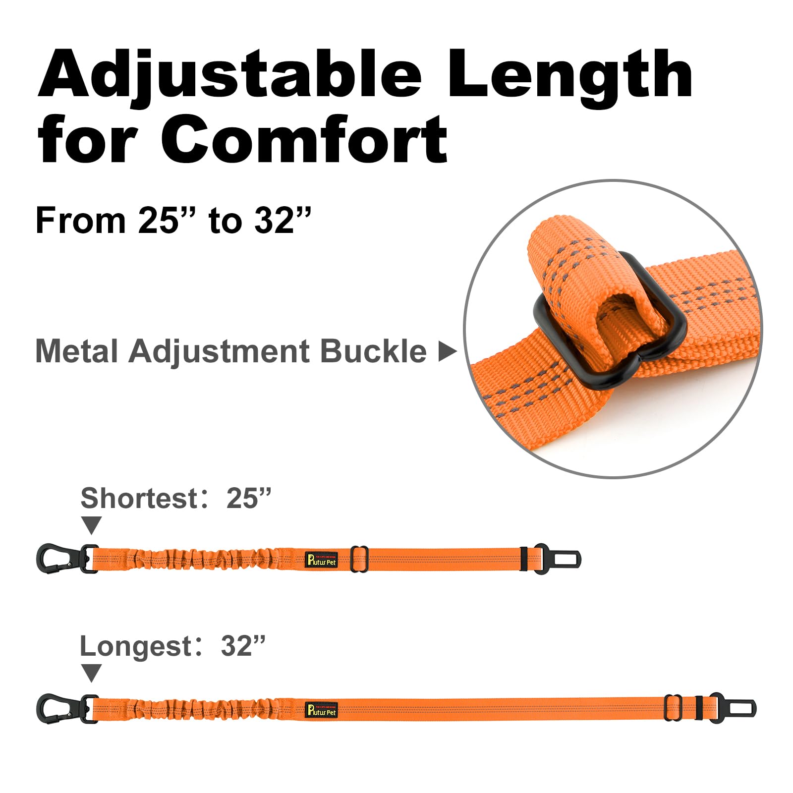 Plutus Pet Dog Seat Belt for Car, Adjustable Dog Car Harness with Carabiner Clip, Reflective Safety Dog Seatbelt Leash with Elastic Bungee, Orange - image 6