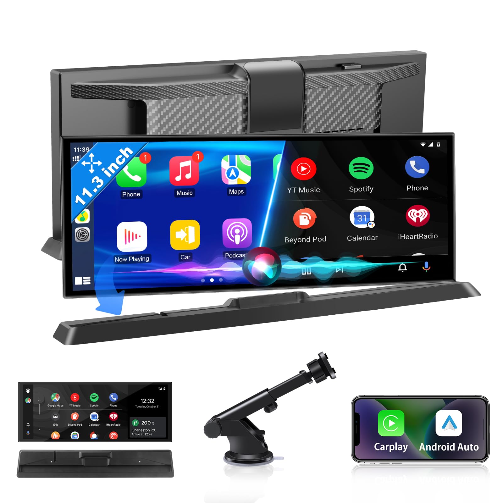 Exclusividad Pantalla Carplay Android Auto Coche de 11,3 Pulgadas con Soporte Estable, Pantalla Car Play Coche con Doble Navegador GPS Bluetooth Siri/GOO-gle para Auto Caravanas
