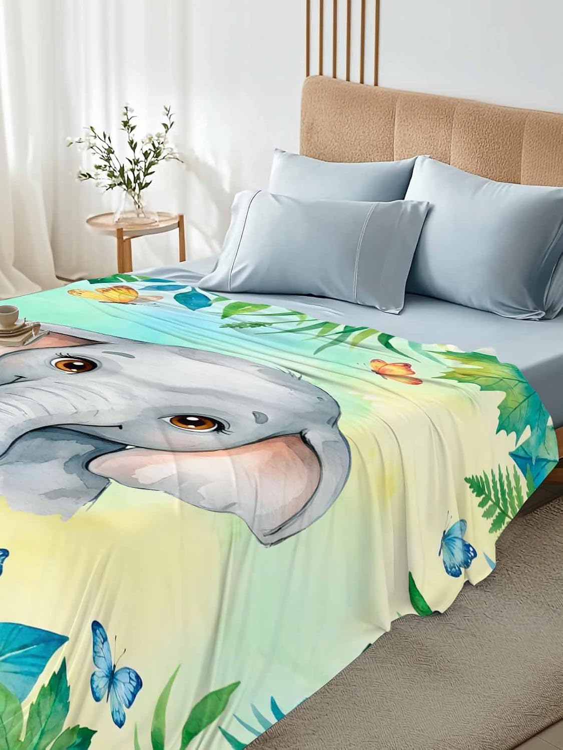 Full Flat Sheet, Cartoon Elephant Full Bed Sheets Only, Soft Microfiber Flat Sheet, Summer Butterfly Fern Tropical Palm Plants Hotel Quality Bedding Top Sheet Bedroom Home Dorm Decor