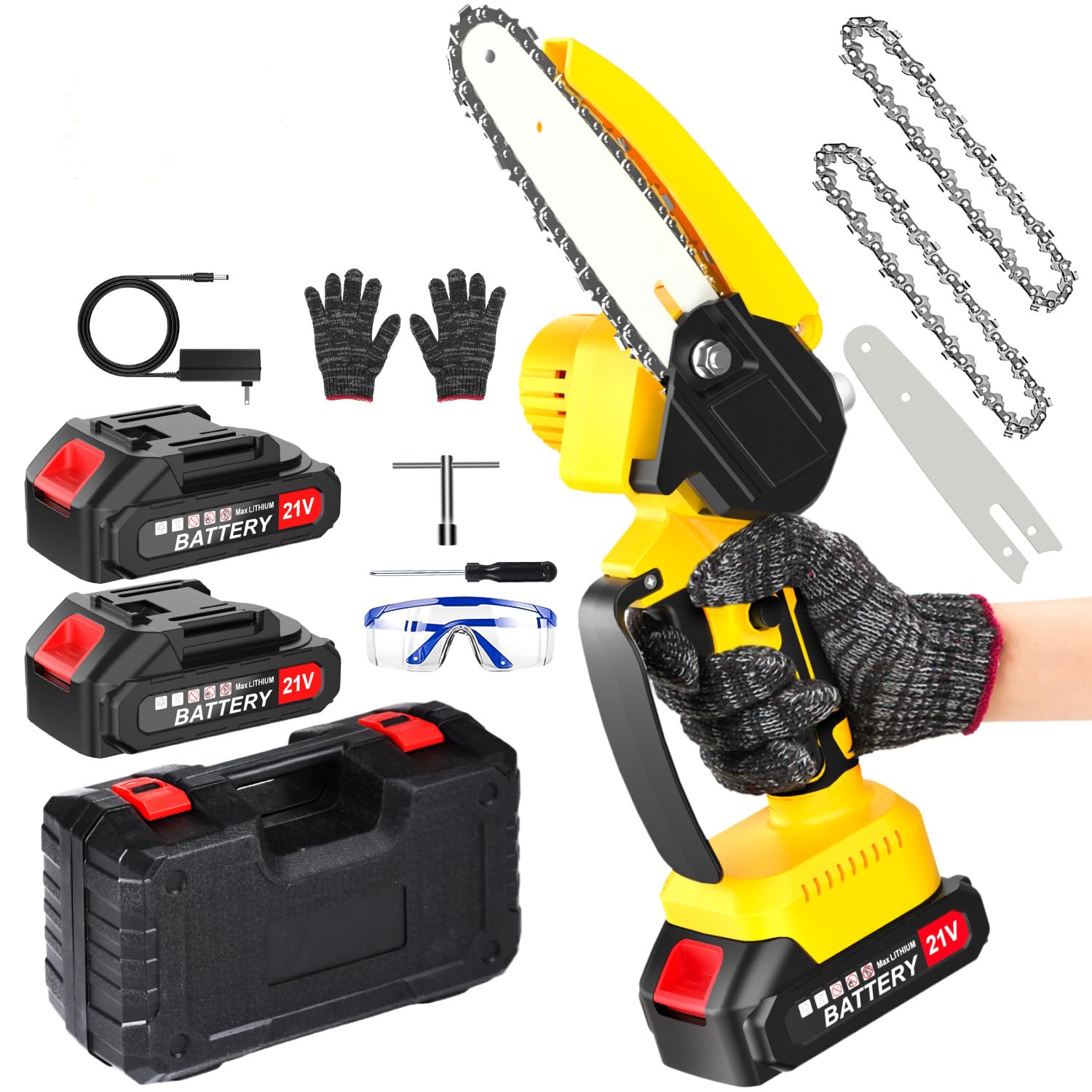 Mini Kettensäge mit Akku 6 Zoll, Akku Kettensäge mit Automatischer Öler und Ersatzkette, 2 x 2000mAh Akku Säge Handkettensäge Akku für Gartenscheren Astschere Holzschneidenz