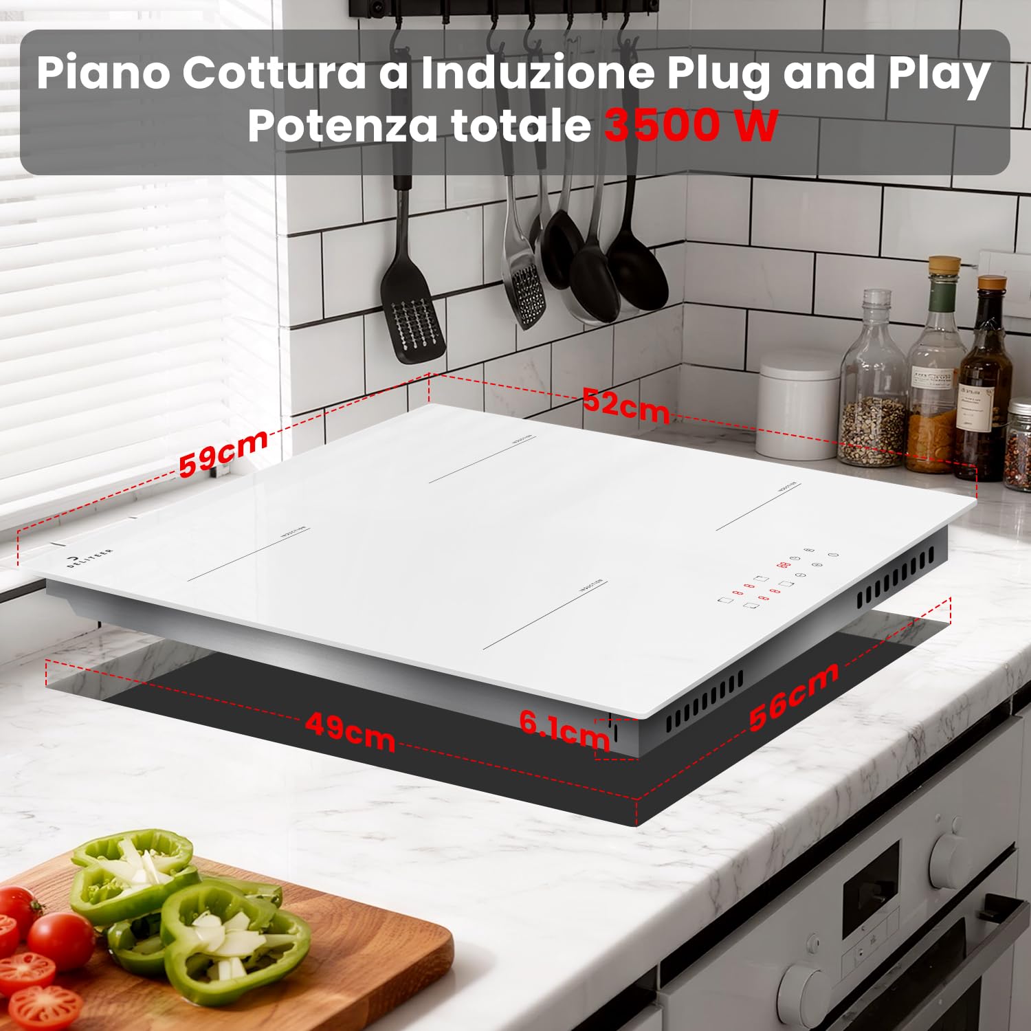 Piano Cottura a Induzione Bianco 4 Fuochi con Spina, Piastra a Induzione da Incasso 60CM, 3500W, Funzionamento Touch, Blocco di Sicurezza, Protezione da Surriscaldamento, 220V
