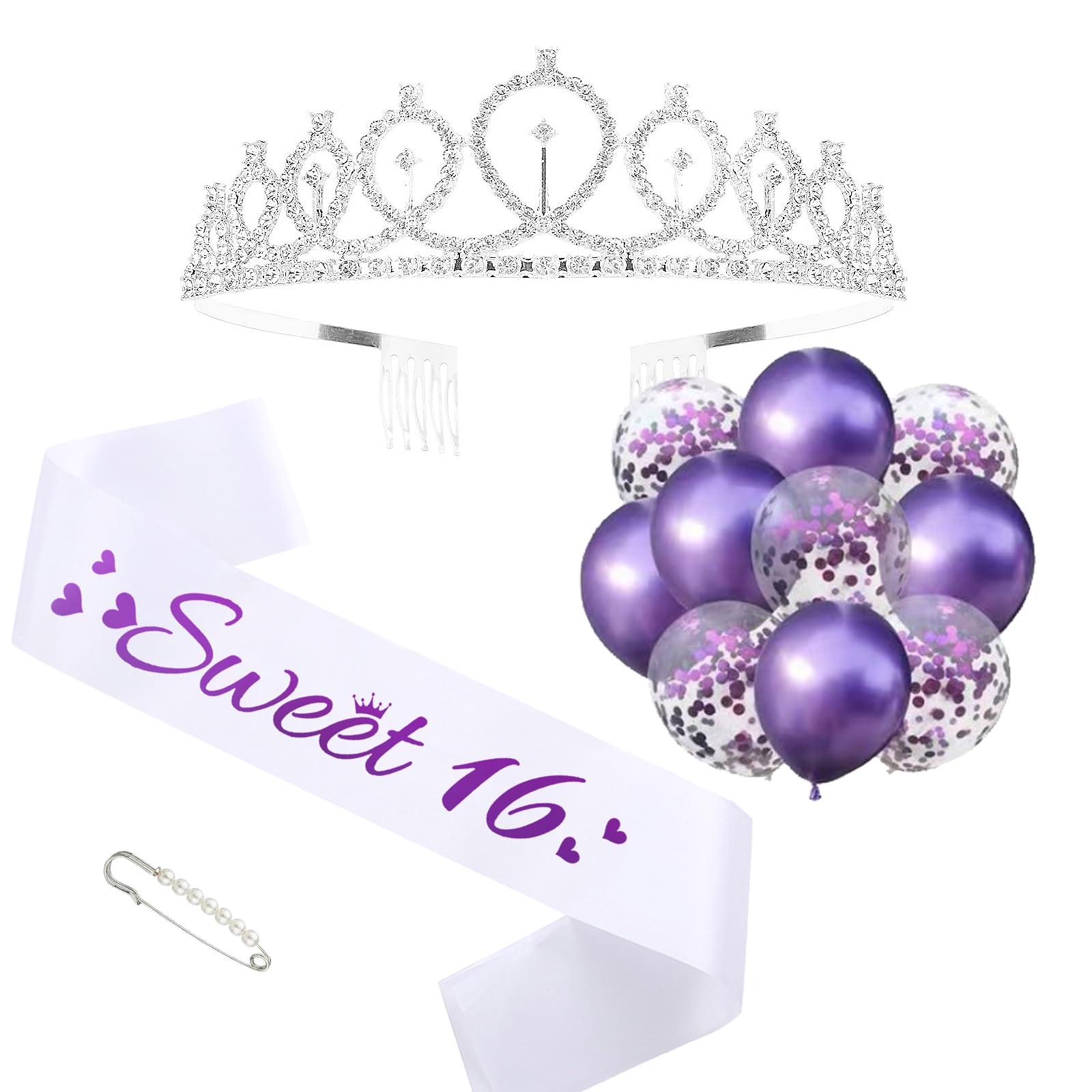 Sweet 16 Sash and Rhinestone Tiara Kit, Purple Letter White Birthday Sash Balloons Crystal Silver Tiara Crown for Girl 16th Birthday Gift Ideas Party