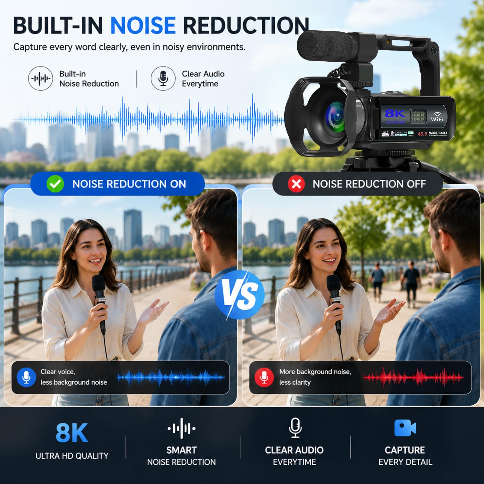 Caméra vidéo 8K 48 MP pour YouTube, zoom numérique 18x, écran tactile 3" WiFi, microphone externe, lumière de remplissage, télécommande, carte SD 32 Go, 2 piles