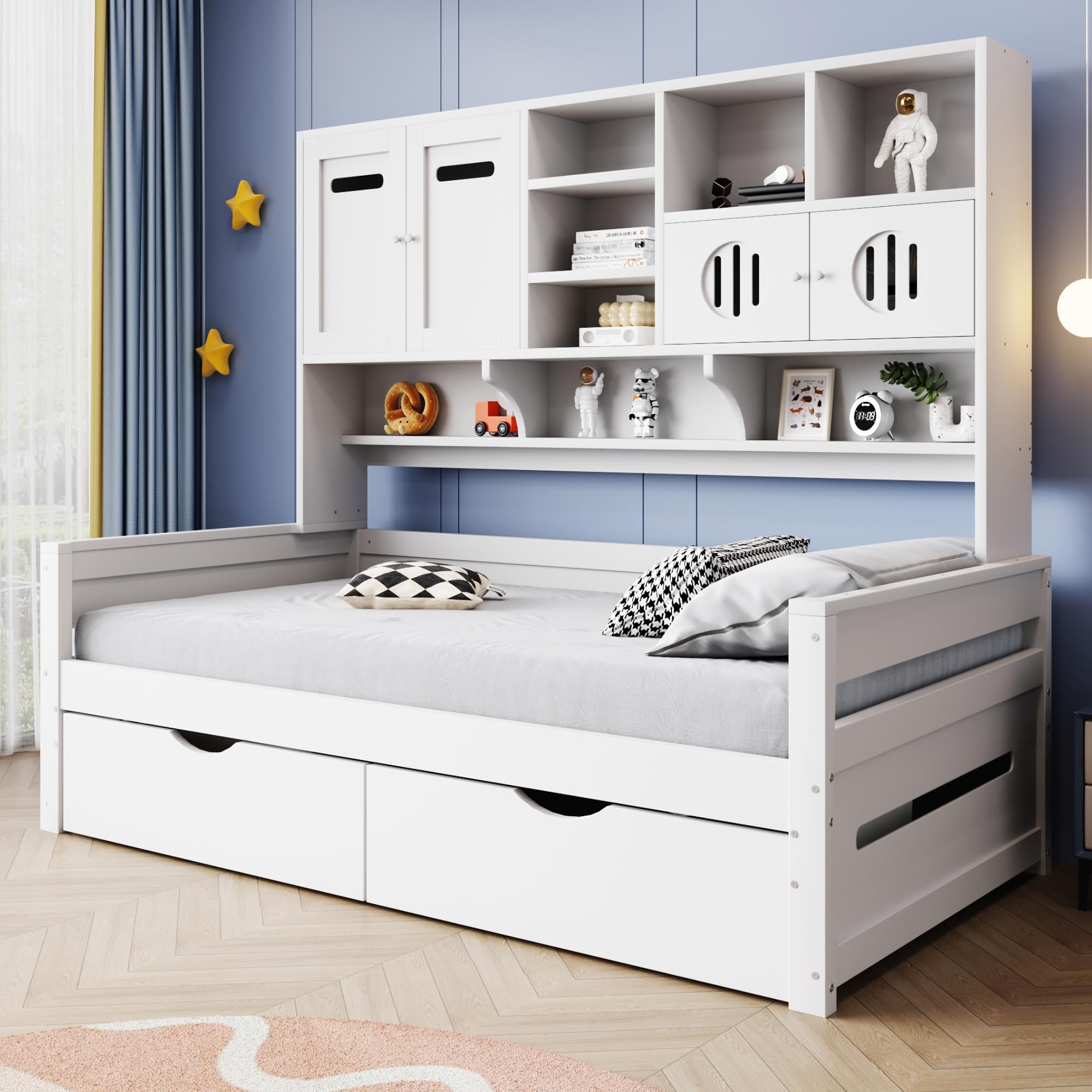 Sofá cama de madera, 90 x 200 cm, almacenamiento multifuncional, cama infantil, cajón grande, cama individual, cama juvenil, somier (sin colchón) (blanco)