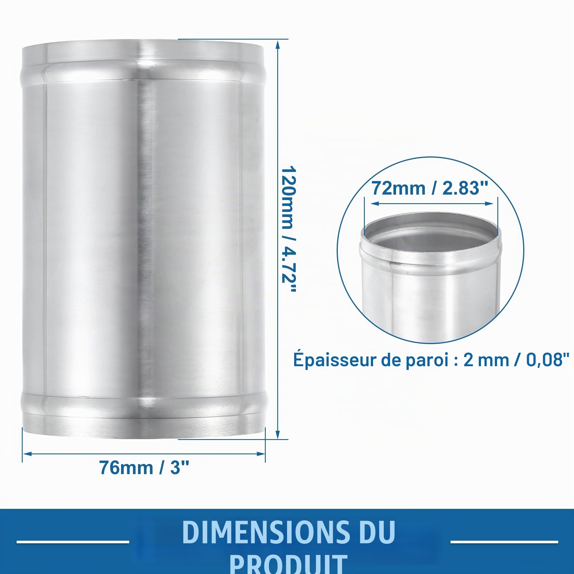A ABSOPRO Adaptateur Universel Aluminium 1pc Pour Tuyauterie D'Admission | Argenté, Pour Admission D'Air, Diamètre Extérieur 76mm, Intérieur 72mm, Longueur 120mm, Épaisseur 2mm, Installation Facile