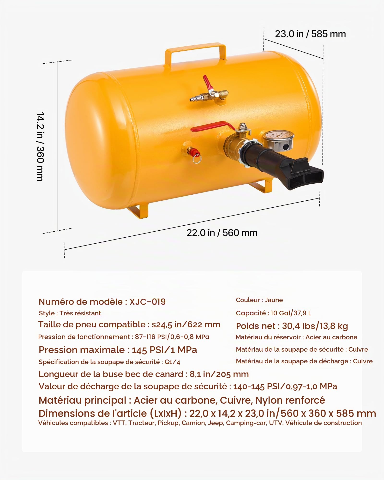 VEVOR Canon à Air 37,9 L, Booster de Pneu avec Pression de Service 0,6-0,8 MPa, Gonfleur Pneumatique de Pneu pour Pick-up, Camion, VTT, Jeep, Fourgonnette, Tracteur Tondeuse, Camping-Car, Jaune