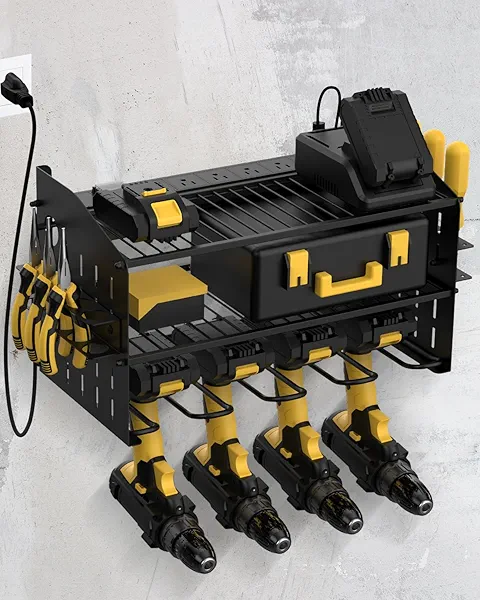 WellMall Power Tool Charging Station - 3 Layer Wall Mount Power Tool Organizer with Charging Station for Power Drill, 6AC Outlets, Great as Heavy Duty Tool Rack & Tool Holder for Garage Organization