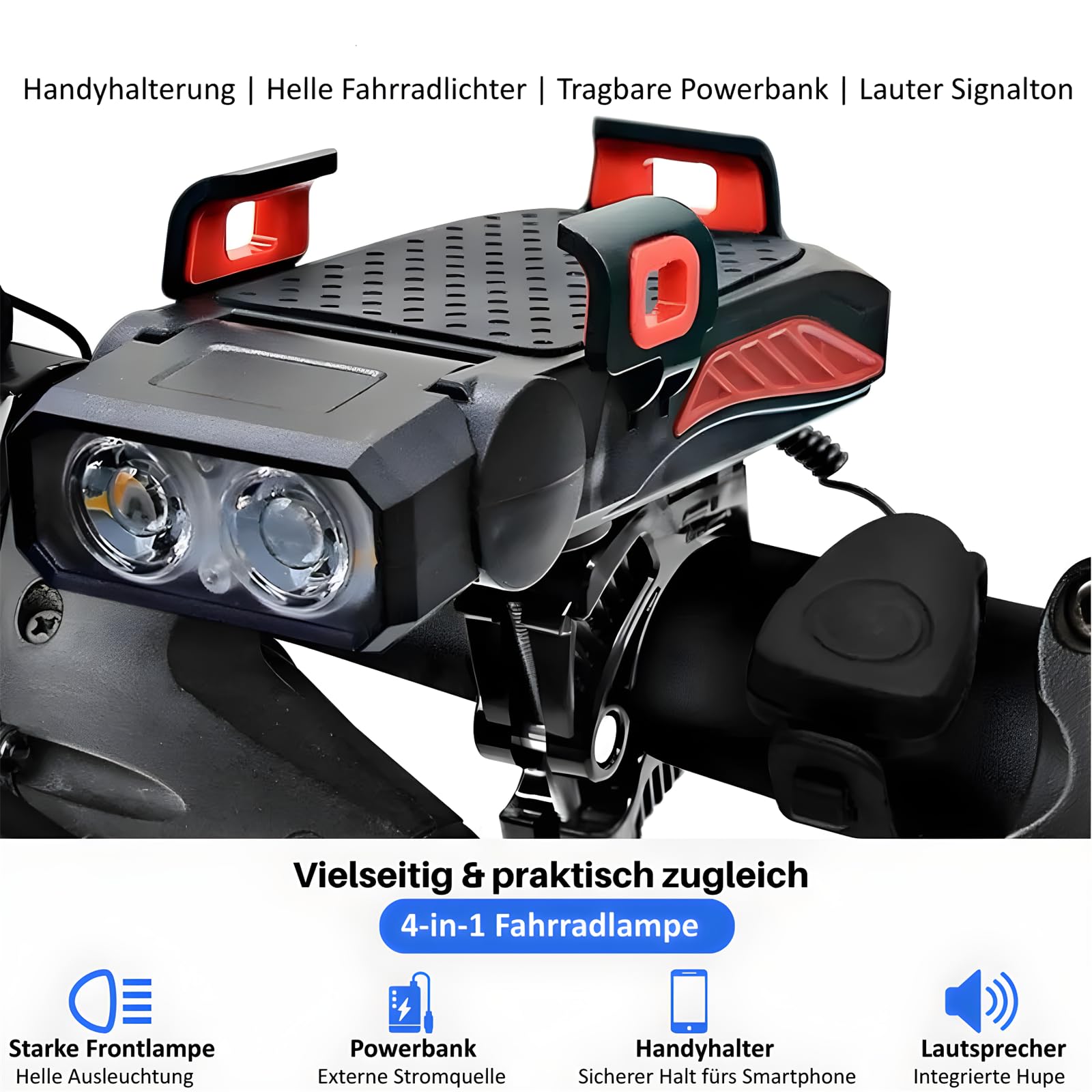 pikfein RadGenie Smart 4-in-1: Die Innovative Fahrrad Handyhalterung USB wiederaufladbare LED Fahrradscheinwerfer, IPX4 Regenschutz, für alle Fahrräder