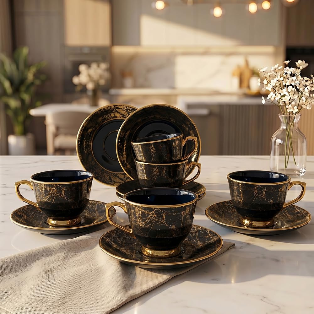 U.P.C. Tea Cup & Saucer Set of 6 | 180ml | Black & Gold Marble Scratch Texture | Gold Plated Rim & Handle | Microwave & Dishwasher Safe | Premium Luxury Gift Crockery Set discount deal
